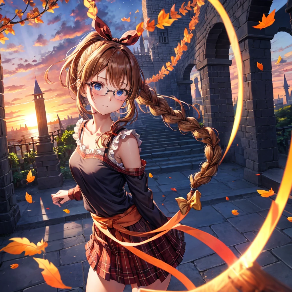 reddish-brown blonde、blue hair、blue eyes、ponytail、Braid、one good looking girl、solo、anime、Plaid miniskirt、camisole、black t-shirt、Tilting your face、Doing the ribbon、Ribbon at waist、sunset sky、stone stairs、tunnel、Fallen leaves、wearing glasses、Light and shadow、maze、monster castle、lanthanum、corridor、One leg is raised、pinwheel、castle floating in the air、7 cylinders、Jewelry box、flag