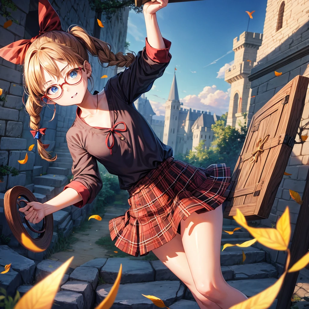 reddish-brown blonde、blue hair、blue eyes、ponytail、Braid、one good looking girl、solo、anime、Plaid miniskirt、camisole、black t-shirt、Tilting your face、Doing the ribbon、Ribbon at waist、sunset sky、stone stairs、tunnel、Fallen leaves、wearing glasses、Light and shadow、maze、monster castle、lanthanum、corridor、One leg is raised、pinwheel、castle floating in the air、7 cylinders、Jewelry box、flag
