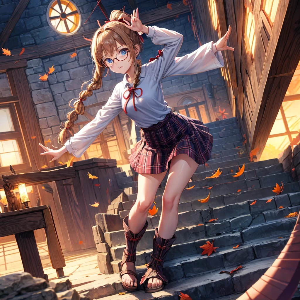 reddish-brown blonde、blue hair、blue eyes、ponytail、Braid、one good looking girl、solo、anime、Plaid miniskirt、camisole、black t-shirt、Tilting your face、Doing the ribbon、Ribbon at waist、sunset sky、stone stairs、tunnel、Fallen leaves、wearing glasses、Light and shadow、maze、monster castle、lanthanum、corridor、One leg is raised、pinwheel、castle floating in the air、7 cylinders、Jewelry box、flag