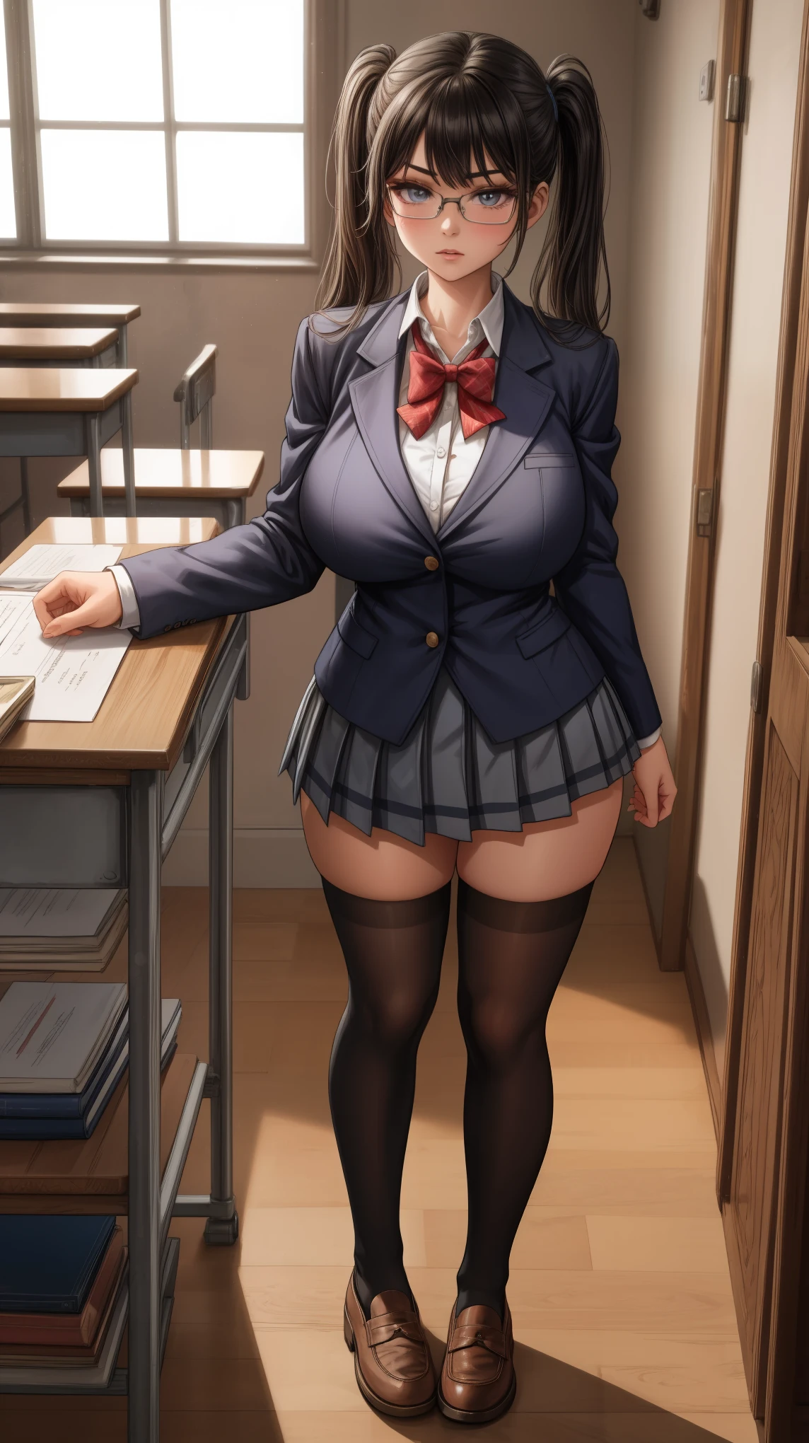 anime female character in school uniform, with short skirt, 
BREAK
, nakamuramisaki, twin tail, Glasses, black hair, (Beautiful,Huge_Breasts:1.3), milf,
BREAK
, 1girl, solo, Standing in the garden, full body, full figure,
BREAK
, Beautifully detailed illustration of a cozy and meticulously decorated school classroom with warm lighting, vibrant colors, and an inviting atmosphere.
BREAK
, school uniform, thigh-highs, ブレザー burezaa (Blazer), bow, school uniform, bowtie, shoes, loafers, ribbon,
BREAK
, beautiful detailed eyes, beautiful detailed lips, extremely detailed eyes and face, long eyelashes,
BREAK
, medium: oil painting, atmospheric lighting, dreamy color palette, detailed interior decoration, quiet and peaceful ambiance,
BREAK
, (best quality,4k,8k,highres,masterpiece:1.2), ultra-detailed,