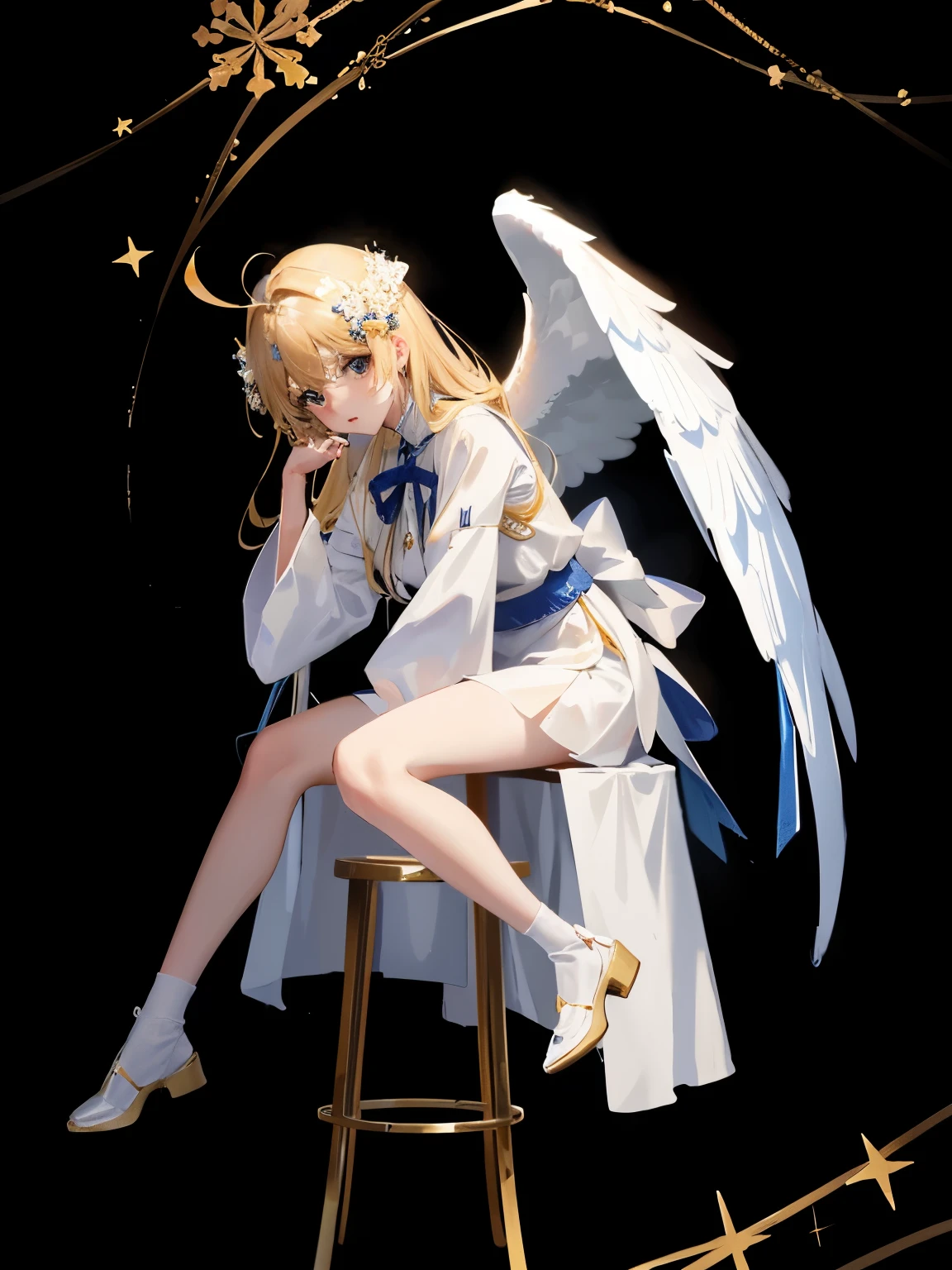 there is a woman sitting on a stool with Angel on it, Angel般的 and unsettling, Angel般的al, of 美丽Angel, 美丽Angel, Angel般的, Angel, Angel主题, Angel主题, of an beautiful Angel女孩, Angel般的 purity, 泰勒·斯威夫特就像天上的Angel, possibly Angel, 穿着Angel, 堕落Angel, white wings, Angel女孩