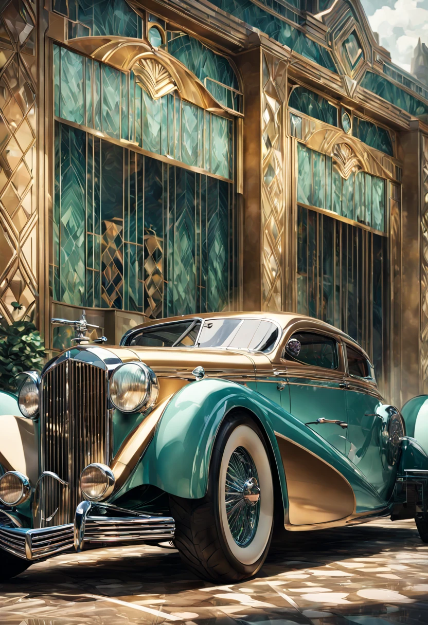 an AI-designed Art Deco-inspired car display. Infuse sleek lines, geometric patterns, and luxurious elements. Incorporate a vintage color palette and sophisticated detailing for a timeless and glamorous automotive aesthetic. detailed matte painting, deep color, fantastical, intricate detail, splash screen, complementary colors, fantasy concept art, 8k resolution trending on Artstation Unreal Engine 5