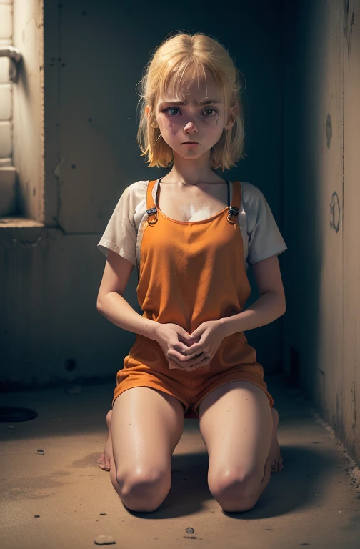 A -yeld ble girl，There is some filth on the body，Wearing an orange one-piece prison suit，Handcuffs on their hands，The feet are fully shackled，Wear orange slippers，Eight inside both feet，and hold your head in your hands，Kneeling on an iron bed in a single cell，Very melancholy look Modern American prison background