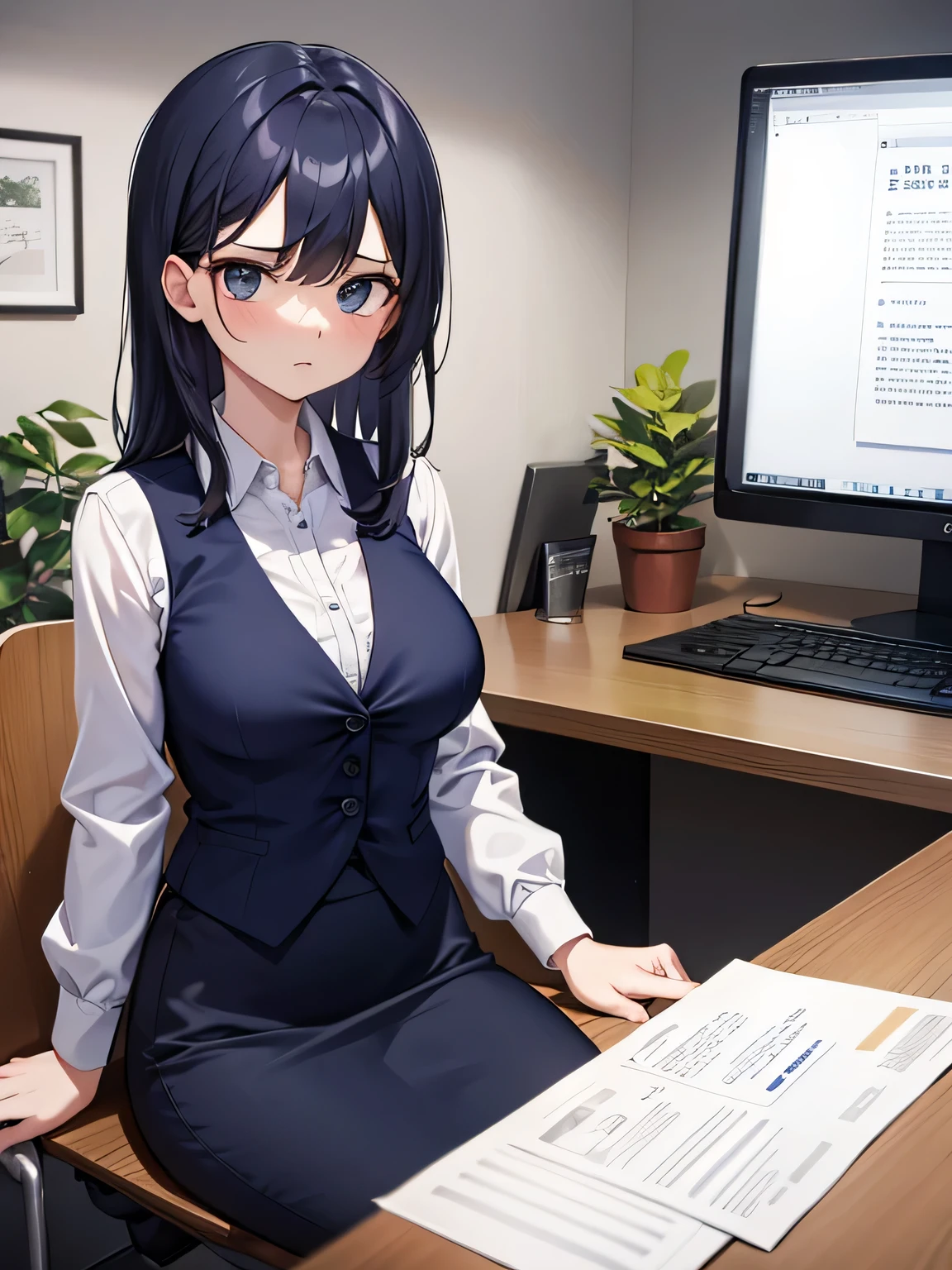 (1) a woman is working in an office.
(2) a man is talking to her、she is ignoring him.
(3) The woman is wearing a white blouse, a navy vest, and a navy blue tight skirt..
(4) The woman's expression is very cold, expressionless and unfriendly.
(5) Location、This is her office desk where she is working on her computer.。.