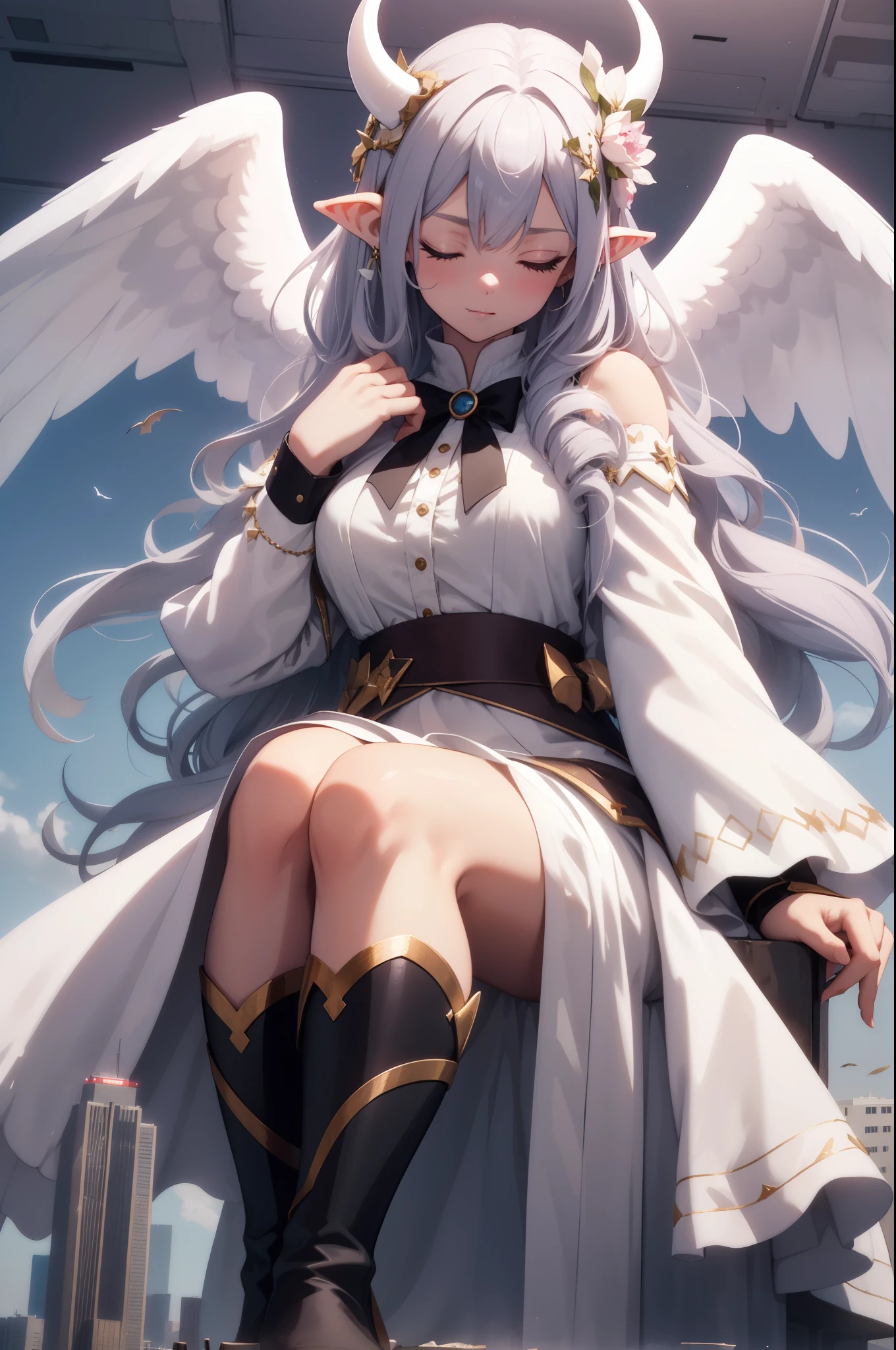 giant girl 50,000 feet high,Weight 1000kg,Has a pair of long legs,Open your eyes wide,Has three pairs of huge white angel wings,With huge devil horns on his head,crown on head,Elf wearing white earrings,She has long pink hair that reaches her feet,loose hair,Pink wavy long curly hair,Wearing a pair of black boots,White sleeves,white skirt,Skirt with bow and star decorations,Sitting on top of a tall building,Beautiful appearance,Exquisite makeup,quality,8k,高quality,Perfect proportion, Cinema lighting,film grain,Fuji colors,8k,textured skin,Super details,high detail,high resolution,Domineering,Strong,charming,blood stains,脚底有blood stains,whole body,Obese,elf princess,feather,flowers