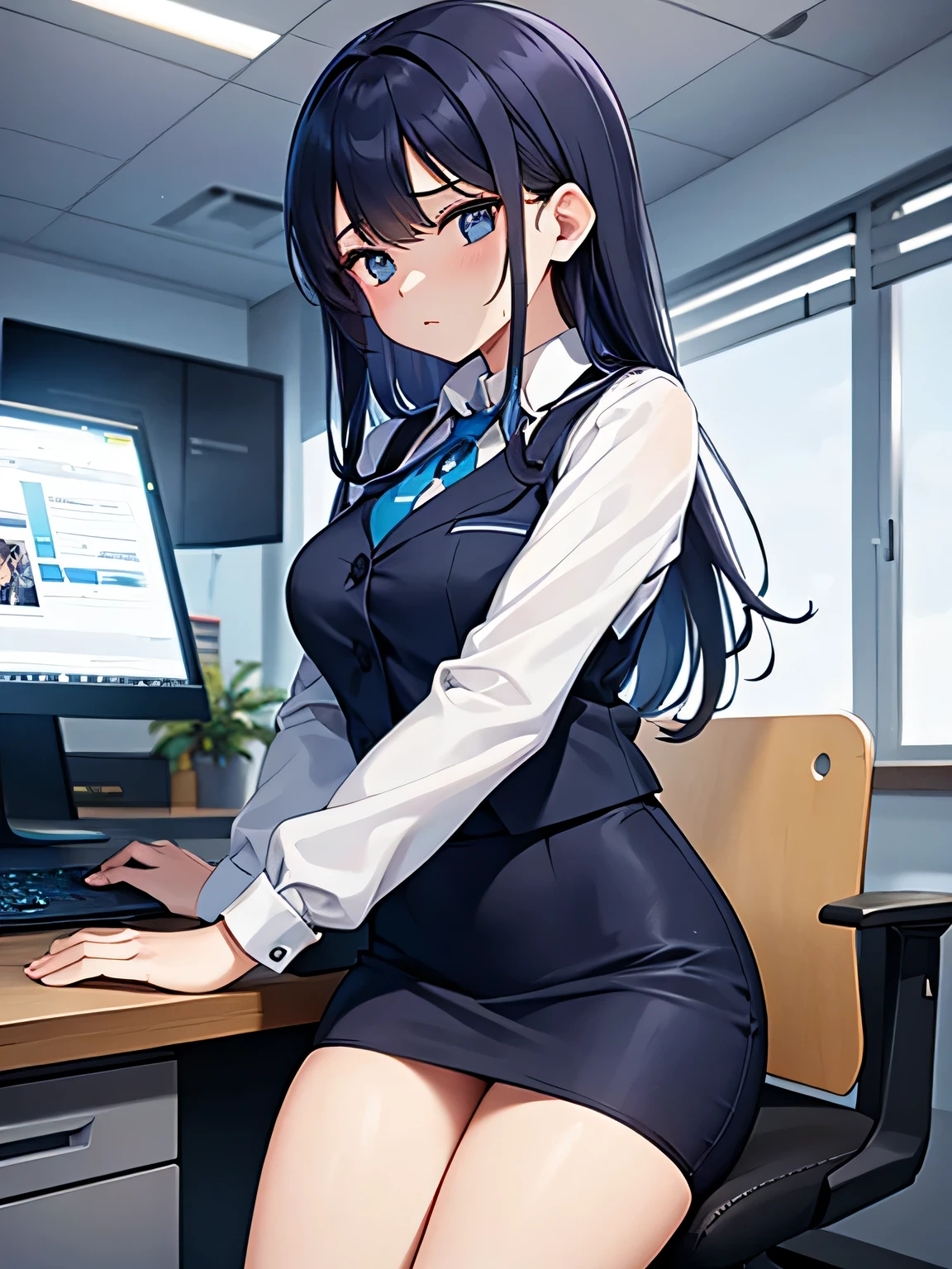 One Girl, alone, ((White shirt)), Black knee socks, With pride, Cleavage,Black panties,Show off your panties to your audience,Spread your legs wide,脚をSpread your legs,I can see your pants,Spread your legs and show me your panties,Her shirt was turned up、Bra is visible,Spread your legs,Black bra,Big Ass,Big Breasts,Low Angle,Chair下からのアングル, Cowboy Shot,uniform, officeの背景, Black Skirt, Pleated skirt, Very short skirt,pantyhose,office,E Cup, Look at the viewers, alone, Thighs ((masterpiece)), sit, Chair, desk work, Computer on the desk, Name tag, ID Day, in house, blush, Sexy pose、Standing doggy style