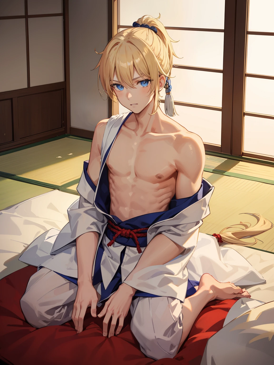 1boy，Masculinity，blond hair，ponytail，blue eyes，no bra，A Japanese-style room，late at night，alone，kimono