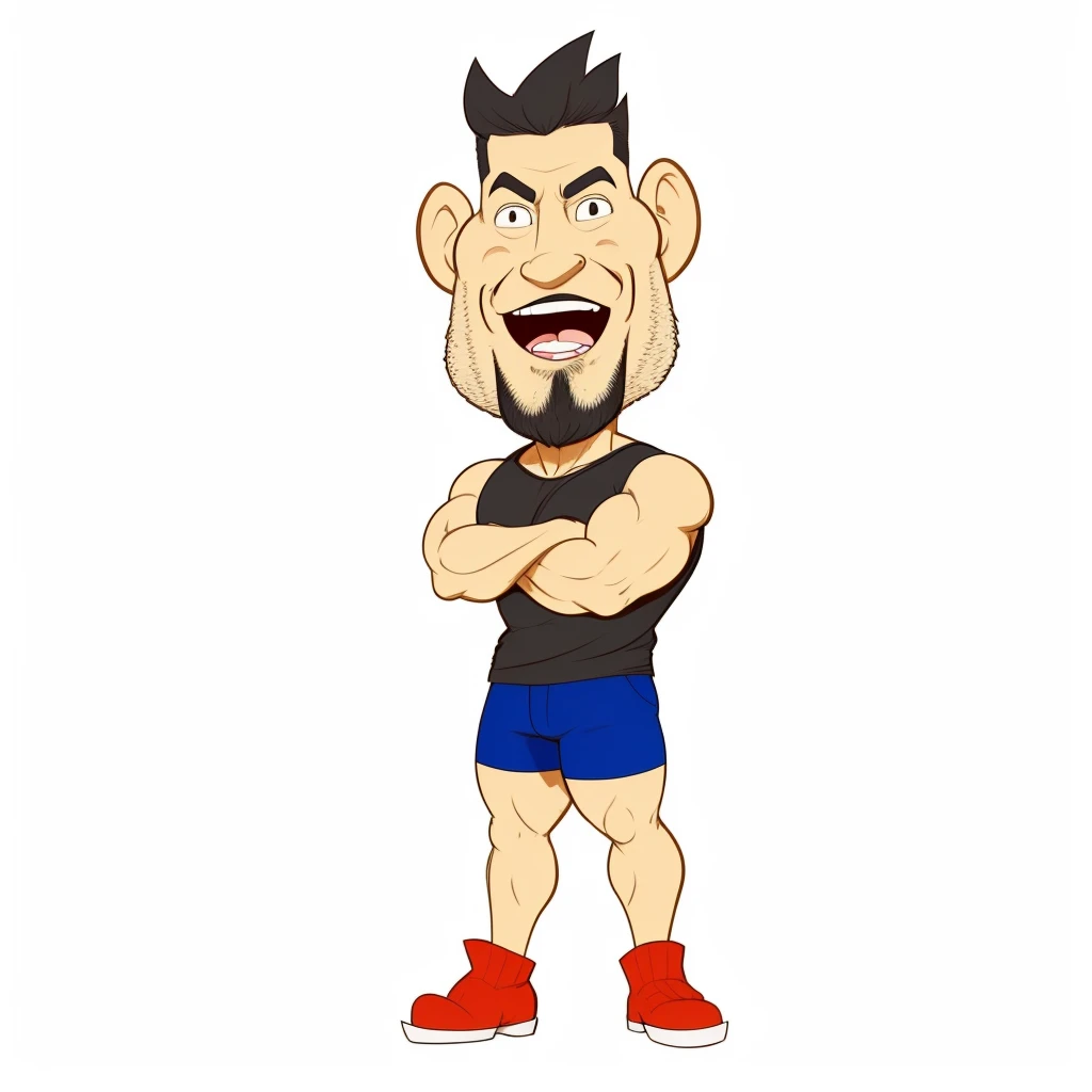 cartoon man with beard and black shirt is standing with arms crossed, postura canhoto mma, muscular character, pose de raiva assustadora, viril, monstro, tough guy, estilo de arte dos desenhos animados, cartoon style illustration, em estilo cartoon, jovem com short, marcador, evil standing smiling pose, homem irritado, Personagem de desenho animado, um musculoso, in fighting position