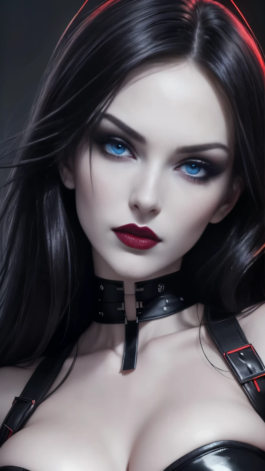 ((face Portrait, face close up, face shot)) ((Sexy, tall and very beautiful russian supermodel)) ((dark eyeshadows make up)) ((bright red lipstick)) ((very pale skin)) ((seductive gaze, seductive smile)) ((big bright blue eyes)) ((very long straight black hair)) ((big breasts:1.7)) ((wears strappless corset)) ((choker)) ((gothic, dark fantasy)) ((high definition:1.5), ((gloomy ambient)) ((pale lights)) ((masterpiece:1.5))((8k:1.7)) ((Best quality:1.4)), more_details:-1, more_details:0, more_details:0.5, more_details:1, more_details:1.5,