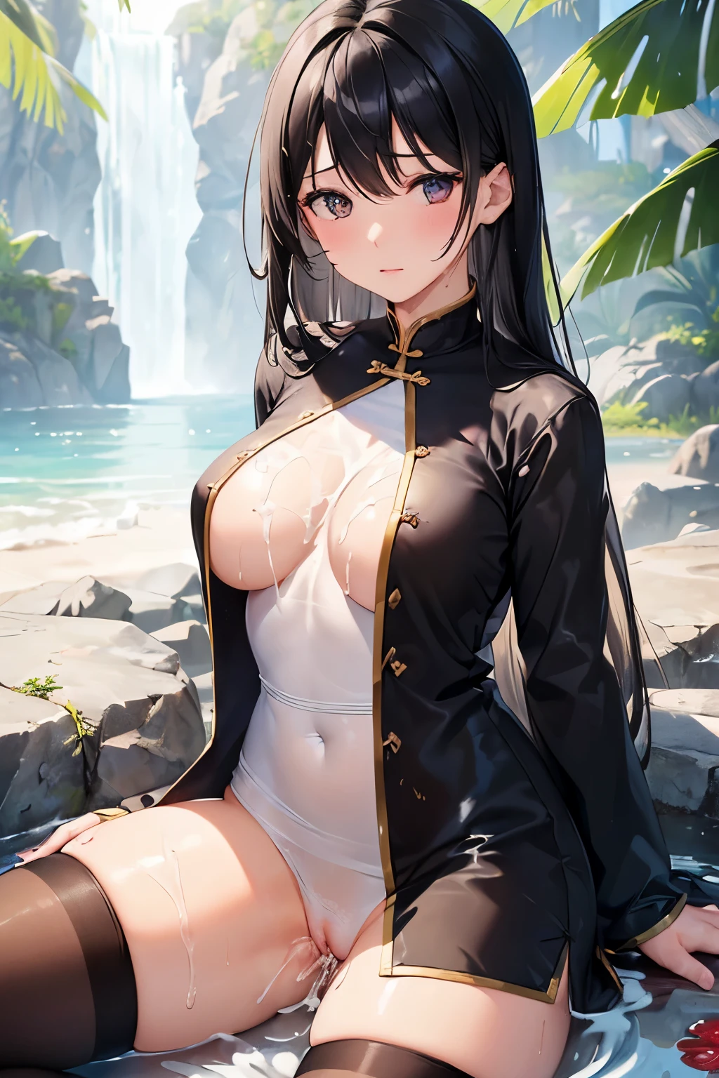 ((((((1girl)))))),(((mother and daughter))),((((ao dai,tights,open clothes)))))),((((water,sex))),(nsfw),((sitting,spread legs)),(((mature female,black hair,pubic hair,wet hair,medium breasts))),(((mixed with blood cum in pussy,cum on breast,cum on hair,cum on body))),((medium breasts))),(blush,angry,teary-eyed,empty eyes),(cowboy shot)