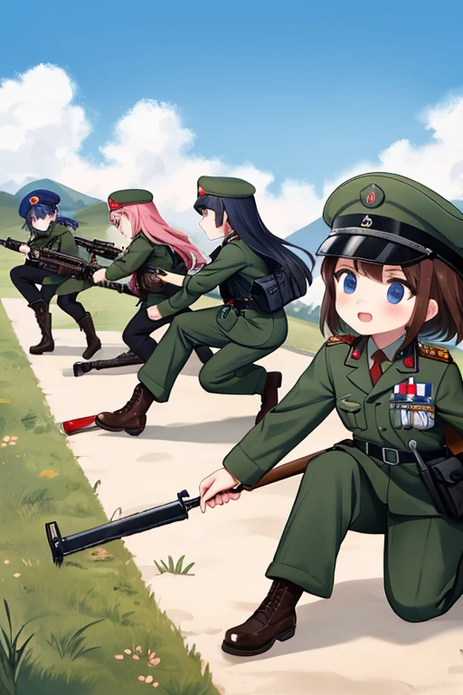 girls in second world war military uniform, holding weapons, on the battlefield