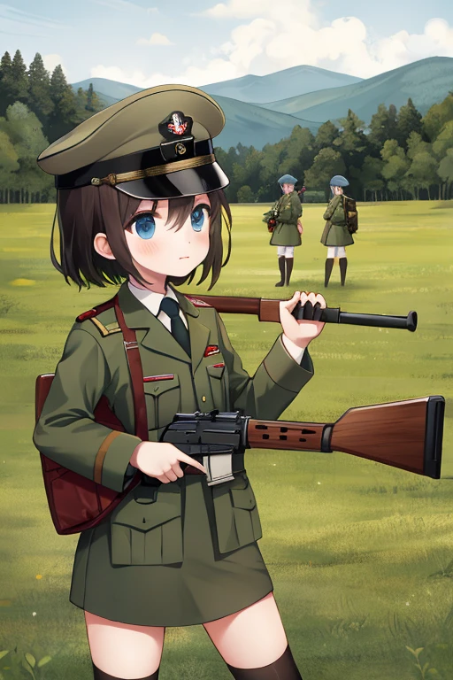 girls in second world war military uniform, holding weapons, on the battlefield
