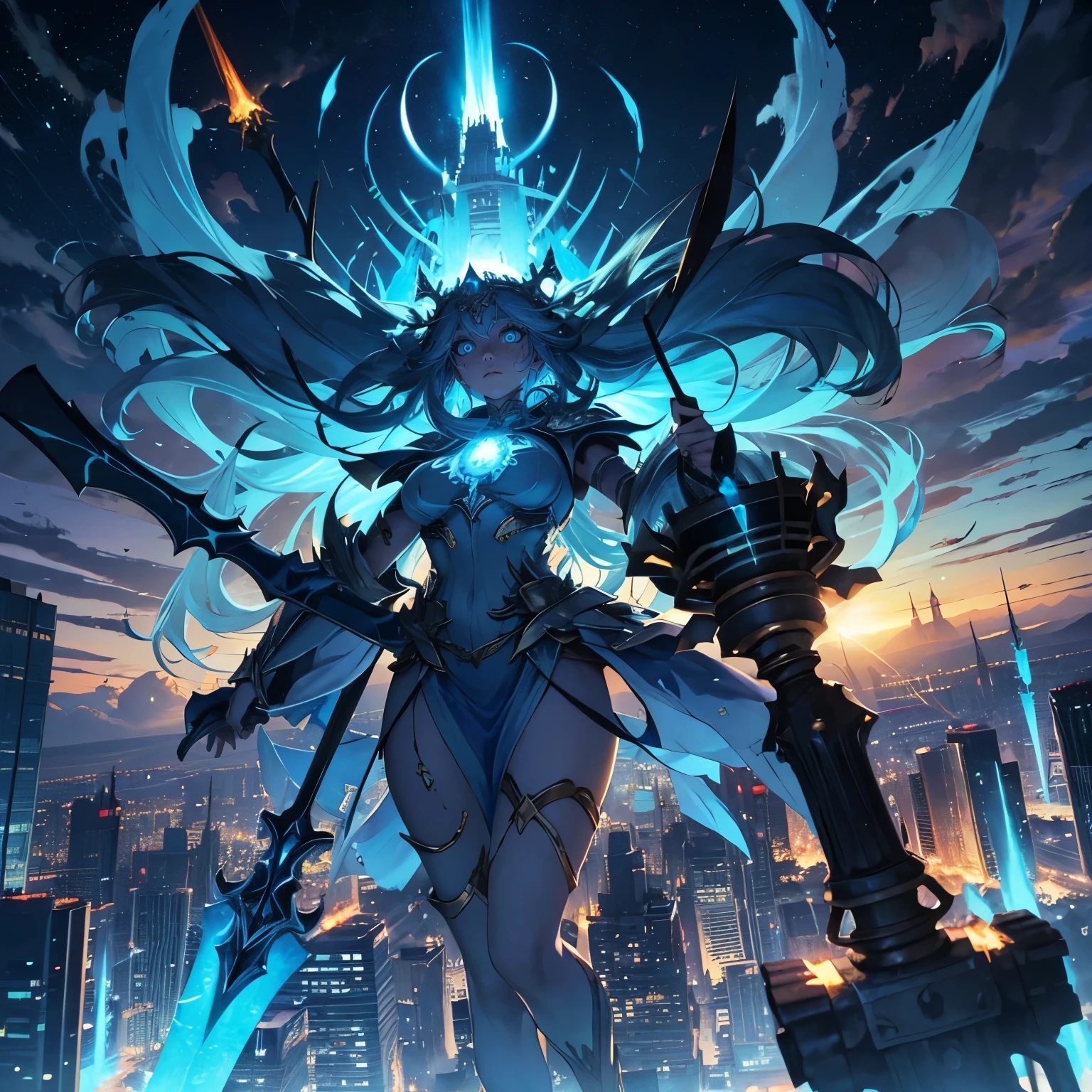 destroyed city, (100 meter tall huge goddess floating, emits light from all over the body, lost pupils, last judgment, blue flame), weapon, aerial angle from below,