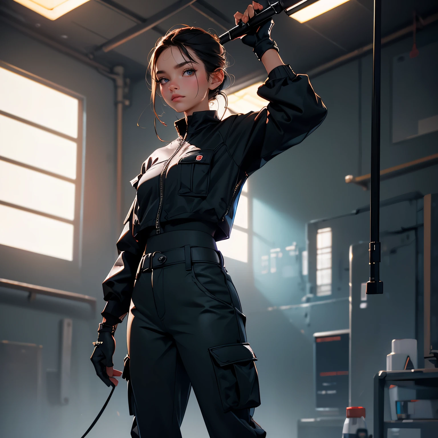 ((best quality)), ((masterpiece)), (detailed), (perfect face) , A fierce (female agent )1.2 in a standing position, wearing (black cargo pants)1.4, (black shirt)1.2, (obscured face)1.3, analog style nofilter selfie, posing in an (indoor training area)1.2, (backlit)1.2, (film grain)1.2, cinematic movie still frame, black sneakers with white soles, various equipment in the background, insane detailed eyes,