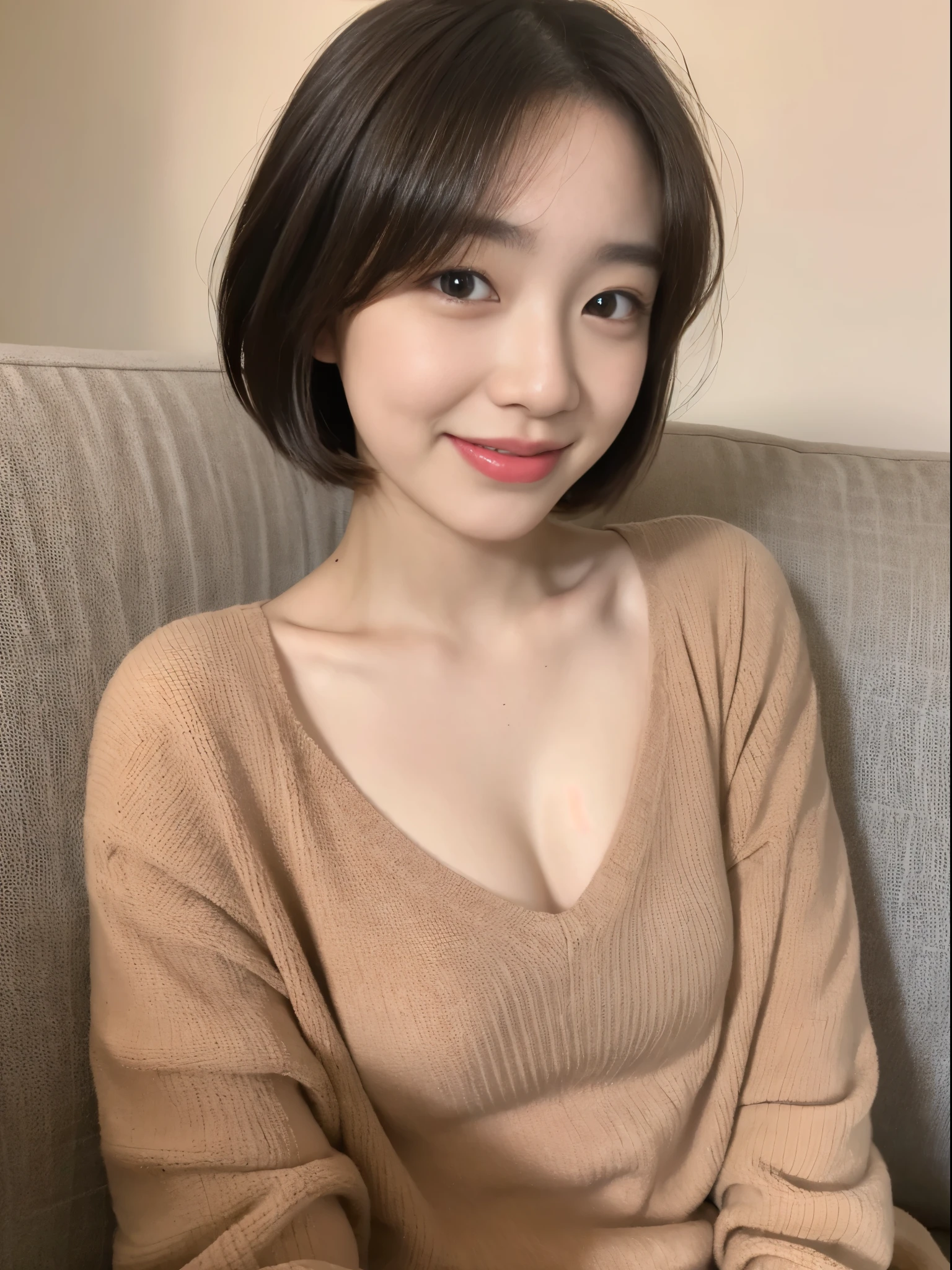 ((highest quality、8K、masterpiece:1.3))、1 girl、thin abs、sofa、highly detailed face、detailed eye、double eyelid、flat chest、small breasts、、Neat female college student、short hair、straight bob hair、前髪のあるshort hair、laughter、Beautiful girl emphasizing her nakedness:1.3、20 year old woman、Highlighting the beautiful pussy、A little hair has grown、Completely naked、smile