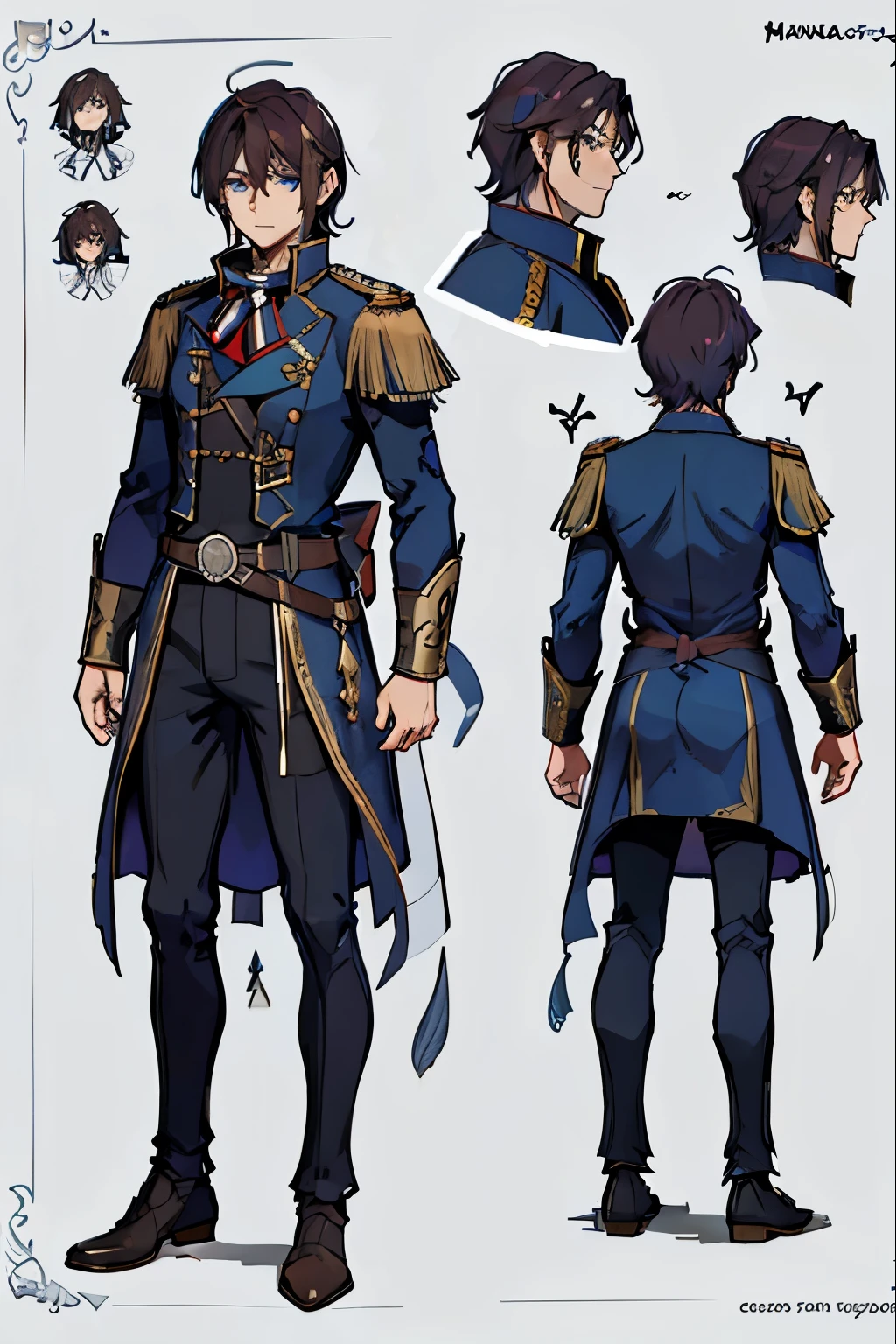 1man, reference sheet, (fantasy character design, front, back, side), napoleonic wars uniform, manly, mage, magic user, inscripted runes, broad shoulders, tall, lean athletic build. magical blue eyes, lengthy dark brown hair, neatly kept. flowing runic robes