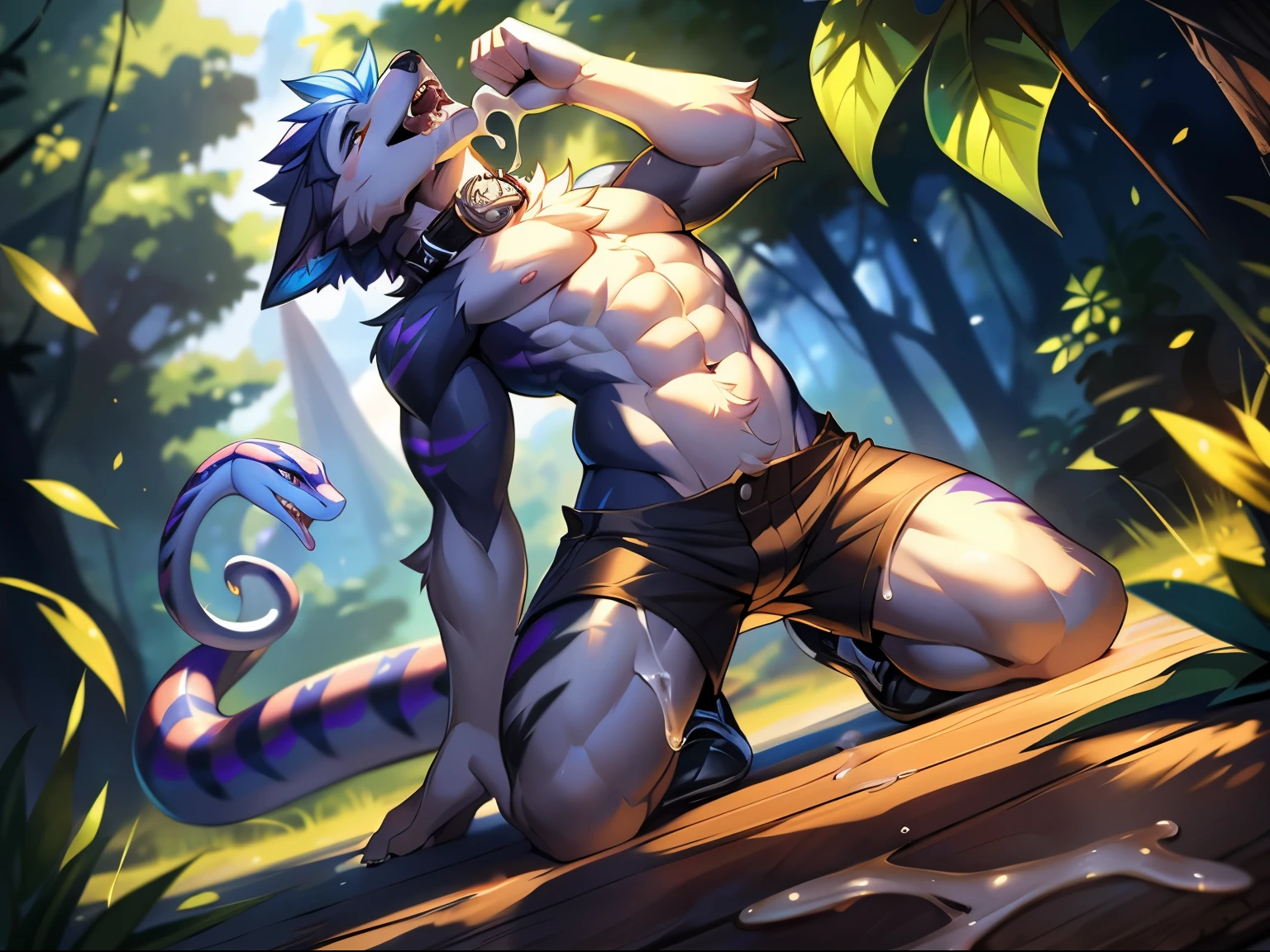 Beautiful detailed portrait showing male snake man , full body portrait，minus, author：Ross Tran,ruanjia, high resolution, photorealism, light,Muscle tissue，kneel，Vigorous， white belly，Hairy belly，black shorts，canine teeth, Smile, Undress，Clothes were thrown to the floog leaves，open mouth，stick out her tongue，Slobber，close，alone, 1 boy, self-shot, , Beautiful quality illustrations, lure, fluffy fur, black fur,Purple stripes, Attractive，intoxicated，slow，collar，pretty face, low angle view,Milk spills into the lower body，Milk spilled all over the floor，snake tail，lean back，Repeat rate