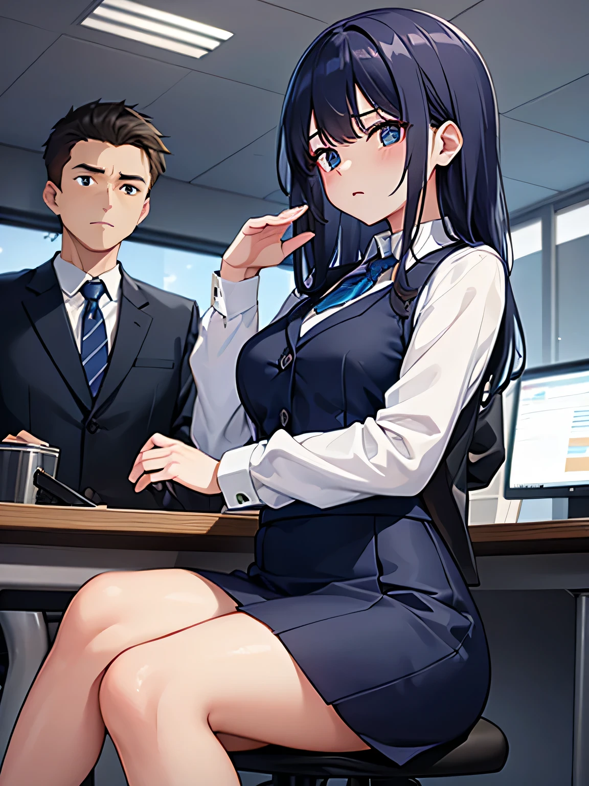 (1) a woman is working in an office.
(2) a man is talking to her、she is ignoring him.
(3) The woman is wearing a white blouse, a navy vest, and a navy blue tight skirt..
(4) The woman&#39;s expression is very cold, expressionless and unfriendly.
(5) Location、This is her office desk where she is working on her computer.。.