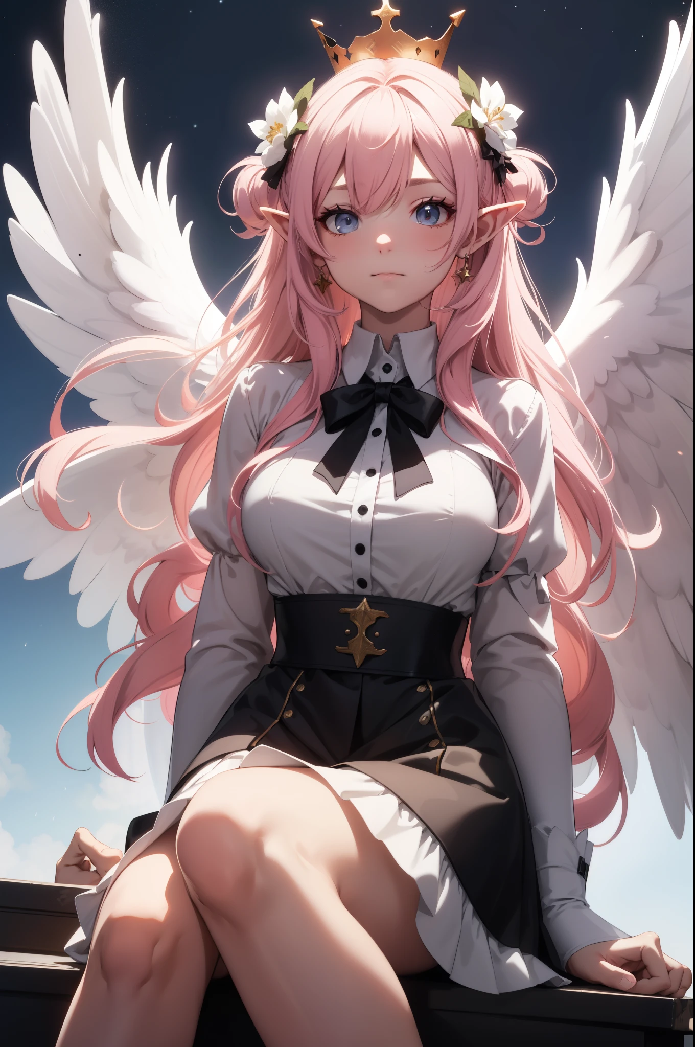 giant girl 50,000 feet high，Weight 1000kg，Has a pair of long legs，Open your eyes wide，Has three pairs of huge white angel wings，With huge devil horns on his head，crown on head，Elf wearing white earrings，She has long pink hair that reaches her feet，loose hair，Pink wavy long curly hair，Wearing a pair of black boots，White sleeves，white skirt，Skirt with bow and star decorations，Sitting on top of a tall building，Beautiful appearance，Exquisite makeup，quality，8k，高quality，Perfect proportion, Cinema lighting，film grain，Fuji colors，8k，textured skin，Super details，high detail，high resolution，charming，blood stains，脚底有blood stains，whole body，Obese，elf princess，feather，flowers