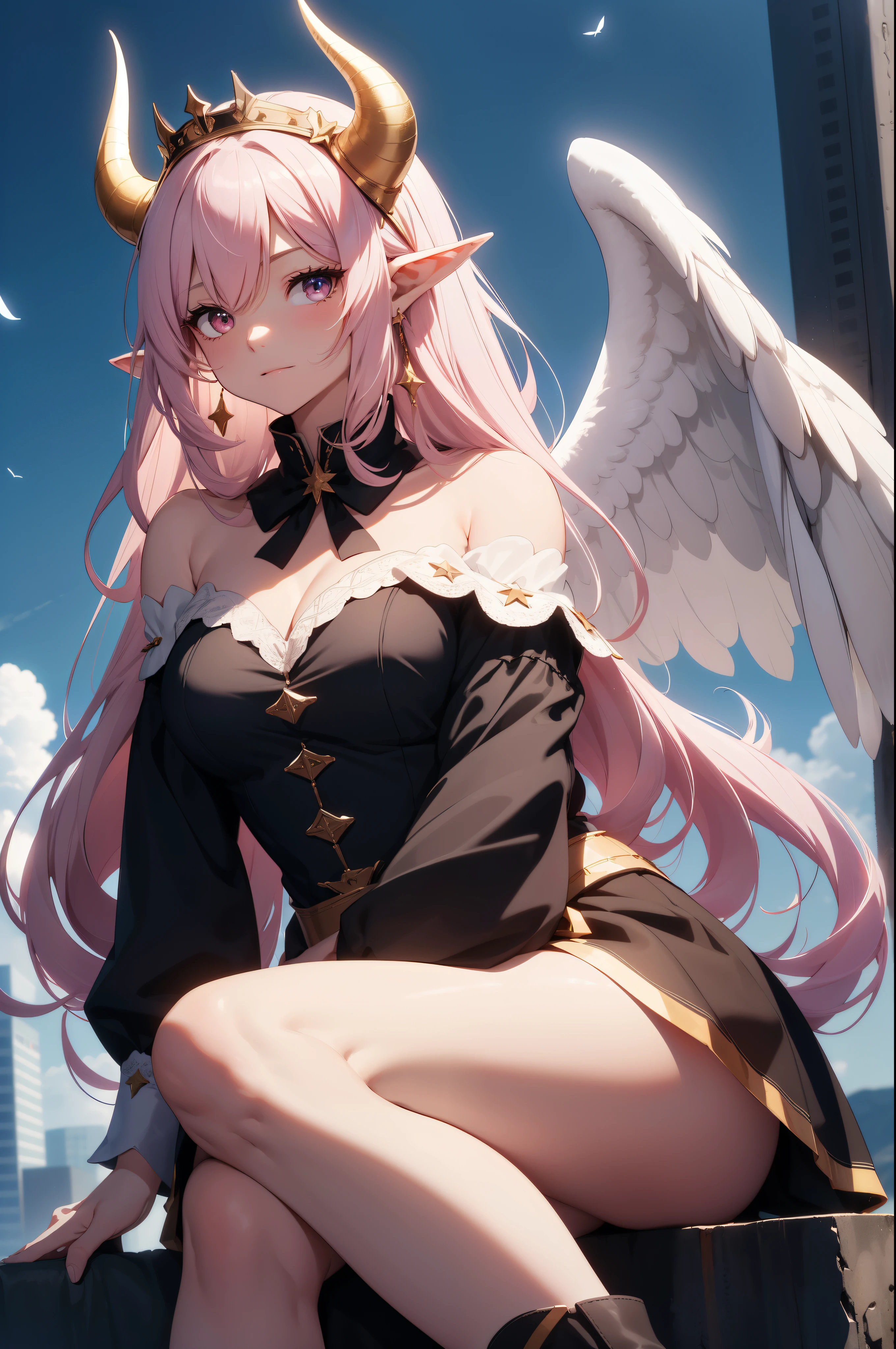 giant girl 50,000 feet high，Weight 1000kg，Have a pair of long legs，Keep your eyes open，Has three pairs of huge white angel wings，With huge devil horns on his head，wear a crown on your head，Elf wearing white earrings，She has long pink hair that reaches her feet，loose hair，Pink wavy long curly hair，Wearing a pair of black boots on her feet，white sleeves，Wearing white lace pantyhose，Bow and star embellished tights，白色蕾丝whole body，Sit on a tall building，Beautiful appearance，Exquisite makeup，quality，8k，高quality，Perfect proportion, Cinema lighting，film grain，Fuji colors，8k，textured skin，Super details，high detail，high resolution，charming，blood stains，脚底有blood stains，whole body，fat，elf princess，feather，flowers