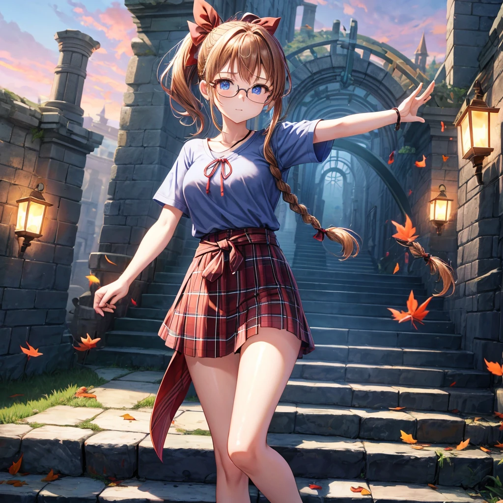 reddish-brown blonde、blue hair、blue eyes、ponytail、Braid、one good looking girl、solo、anime、Plaid miniskirt、camisole、black t-shirt、Tilting your face、Doing the ribbon、Ribbon at waist、sunset sky、stone stairs、tunnel、Fallen leaves、wearing glasses、Light and shadow、maze、monster castle、lanthanum、corridor、One leg is raised、pinwheel、castle floating in the air、7 cylinders、Jewelry box、flag