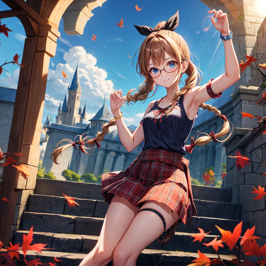 reddish-brown blonde、blue hair、blue eyes、ponytail、Braid、one good looking girl、solo、anime、Plaid miniskirt、camisole、black t-shirt、Tilting your face、Doing the ribbon、Ribbon at waist、sunset sky、stone stairs、tunnel、Fallen leaves、wearing glasses、Light and shadow、maze、monster castle、lanthanum、corridor、One leg is raised、pinwheel、castle floating in the air、7 cylinders、Jewelry box、flag