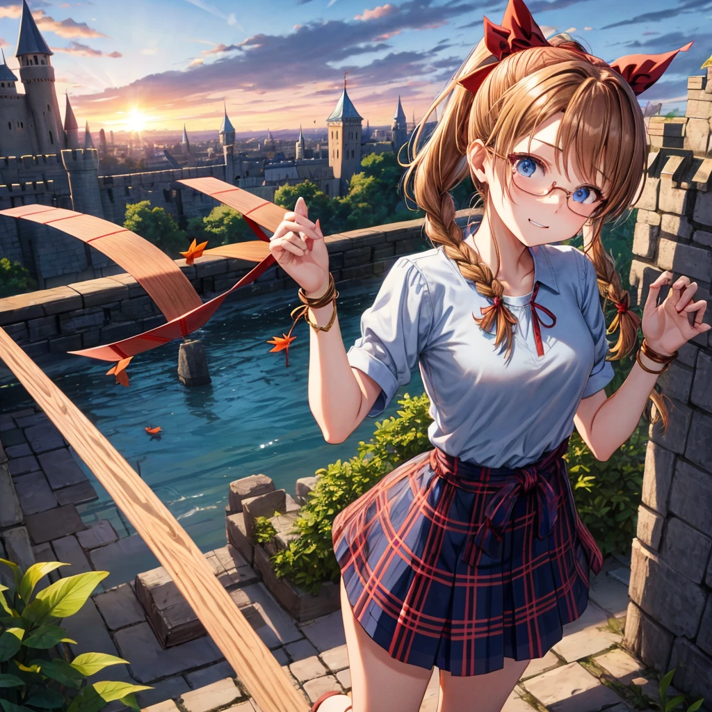 reddish-brown blonde、blue hair、blue eyes、ponytail、Braid、one good looking girl、solo、anime、Plaid miniskirt、camisole、black t-shirt、Tilting your face、Doing the ribbon、Ribbon at waist、sunset sky、stone stairs、tunnel、Fallen leaves、wearing glasses、Light and shadow、maze、monster castle、lanthanum、corridor、One leg is raised、pinwheel、castle floating in the air、7 cylinders、Jewelry box、flag