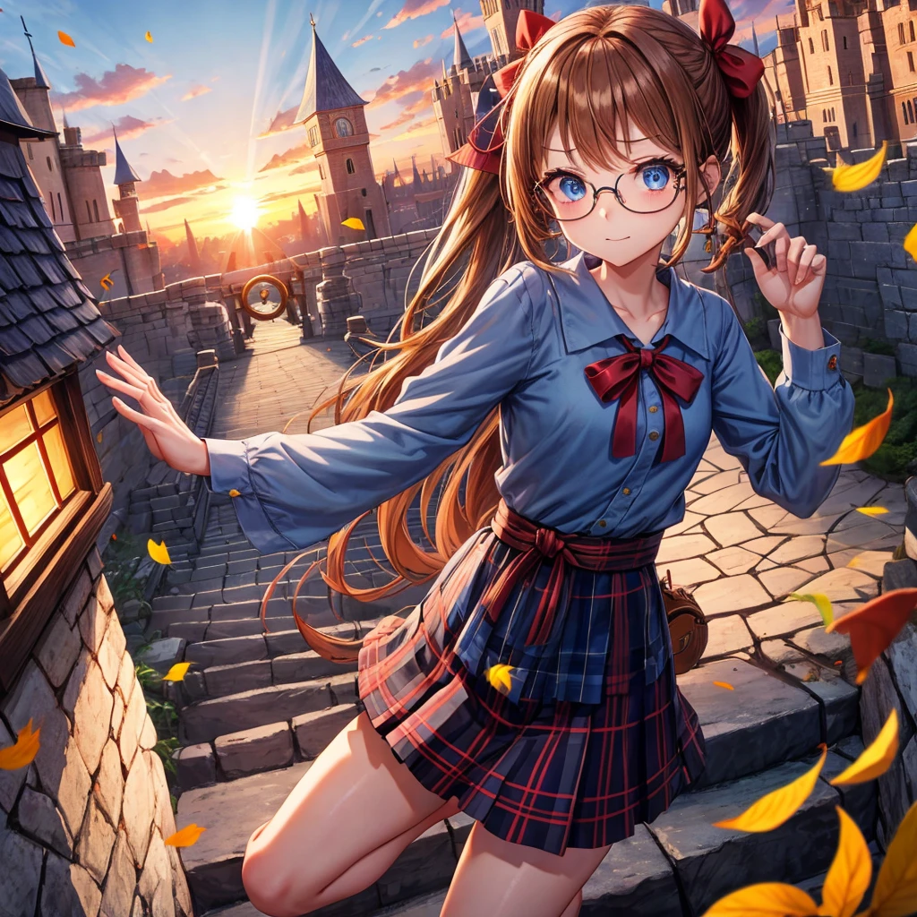 reddish-brown blonde、blue hair、blue eyes、ponytail、Braid、one good looking girl、solo、anime、Plaid miniskirt、camisole、black t-shirt、Tilting your face、Doing the ribbon、Ribbon at waist、sunset sky、stone stairs、tunnel、Fallen leaves、wearing glasses、Light and shadow、maze、monster castle、lanthanum、corridor、One leg is raised、pinwheel、castle floating in the air、7 cylinders、Jewelry box、flag