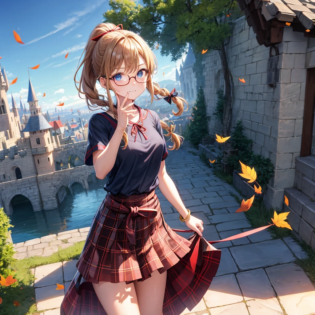 reddish-brown blonde、blue hair、blue eyes、ponytail、Braid、one good looking girl、solo、anime、Plaid miniskirt、camisole、black t-shirt、Tilting your face、Doing the ribbon、Ribbon at waist、sunset sky、stone stairs、tunnel、Fallen leaves、wearing glasses、Light and shadow、maze、monster castle、lanthanum、corridor、One leg is raised、pinwheel、castle floating in the air、7 cylinders、Jewelry box、flag