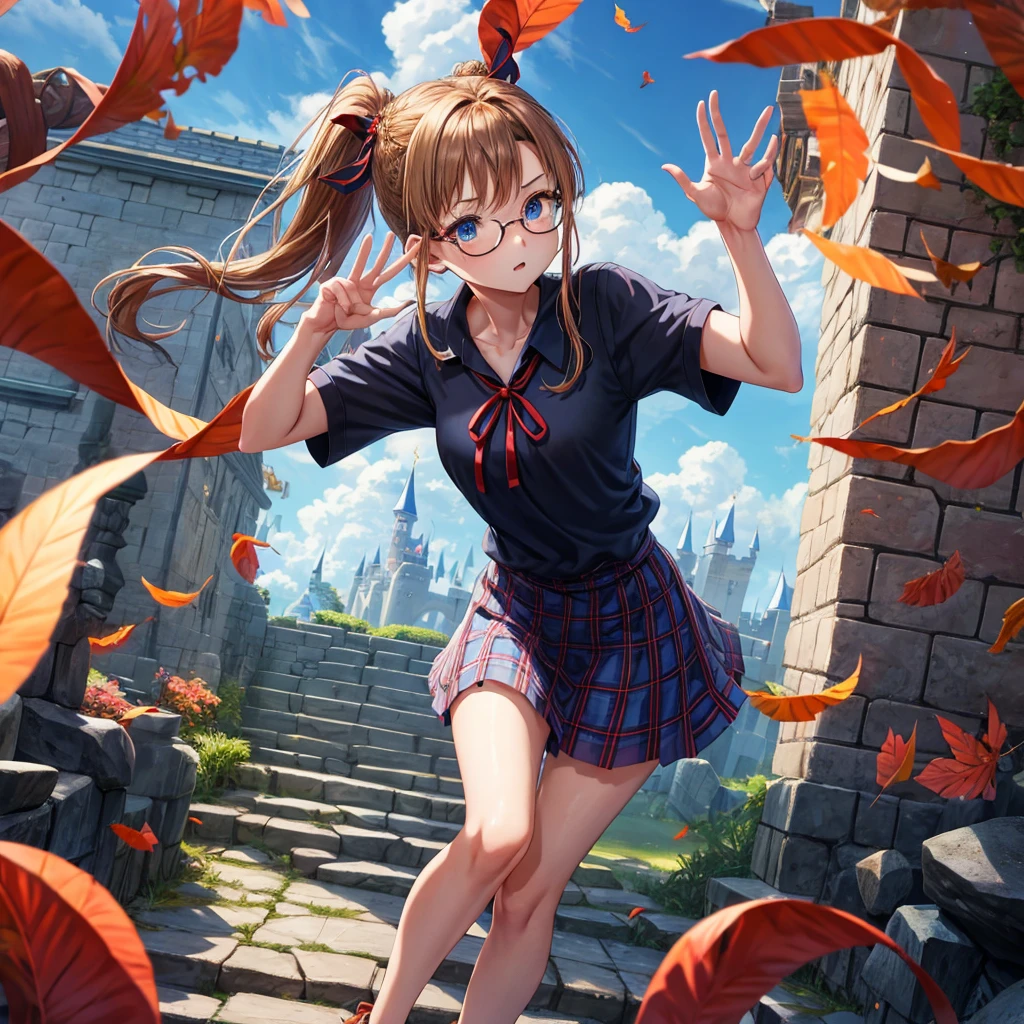 reddish-brown blonde、blue hair、blue eyes、ponytail、Braid、one good looking girl、solo、anime、Plaid miniskirt、camisole、black t-shirt、Tilting your face、Doing the ribbon、Ribbon at waist、sunset sky、stone stairs、tunnel、Fallen leaves、wearing glasses、Light and shadow、maze、monster castle、lanthanum、corridor、One leg is raised、pinwheel、castle floating in the air、7 cylinders、Jewelry box、flag