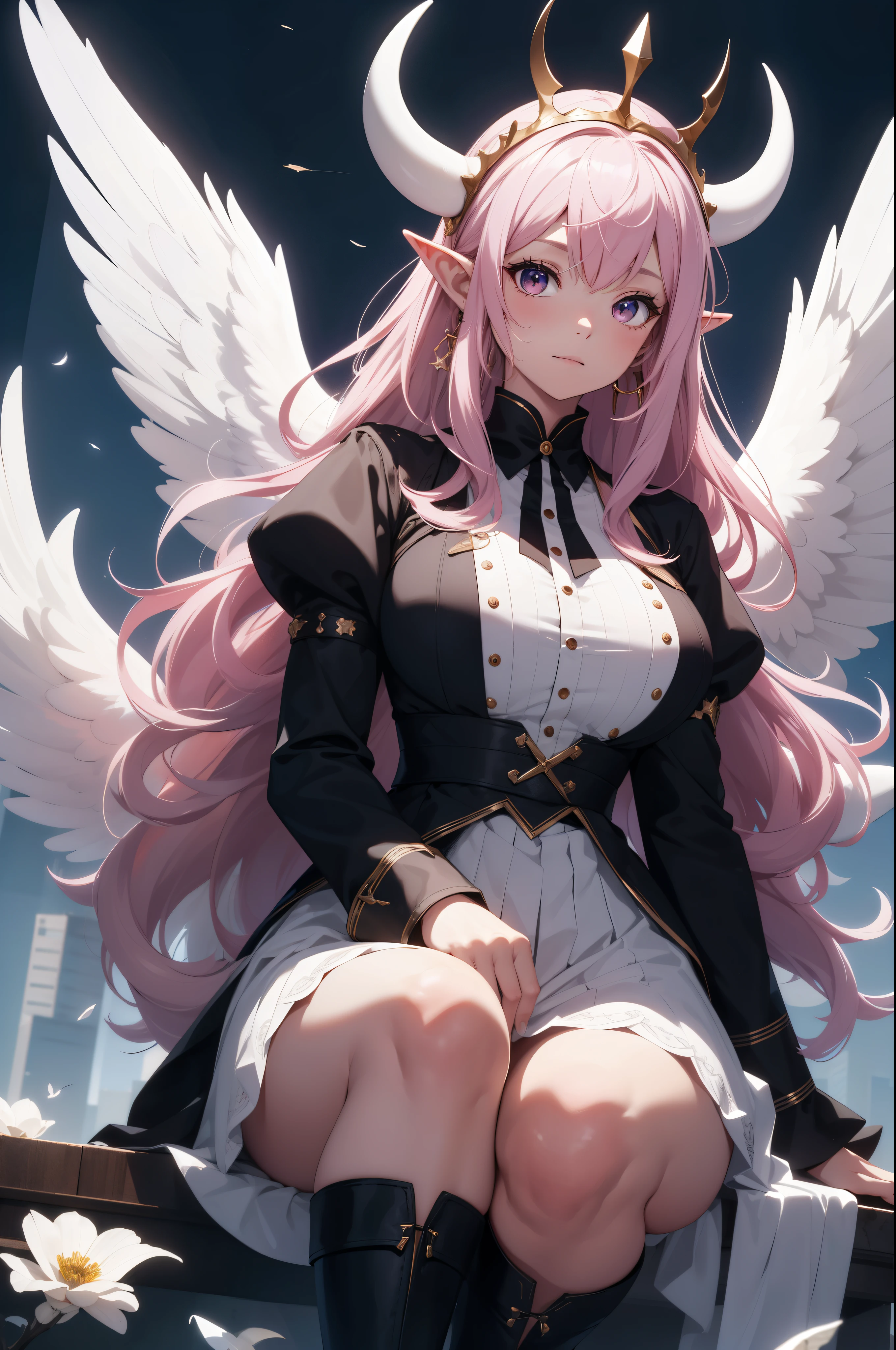 giant girl 50,000 feet high，Weight 1000kg，Have a pair of long legs，Keep your eyes open，Has three pairs of huge white angel wings，With huge devil horns on his head，wear a crown on your head，Elf wearing white earrings，She has long pink hair that reaches her feet，loose hair，Pink wavy long curly hair，Wearing a pair of black boots on her feet，white sleeves，white skirt，Bow and star embellished skirt，Sit on the top of a tall building，Beautiful appearance，Exquisite makeup，quality，8k，高quality，Perfect proportion, Cinema lighting，film grain，Fuji colors，8k，textured skin，Super details，high detail，high resolution，charming，blood stains，脚底有blood stains，whole body，fat，elf princess，feather，flowers