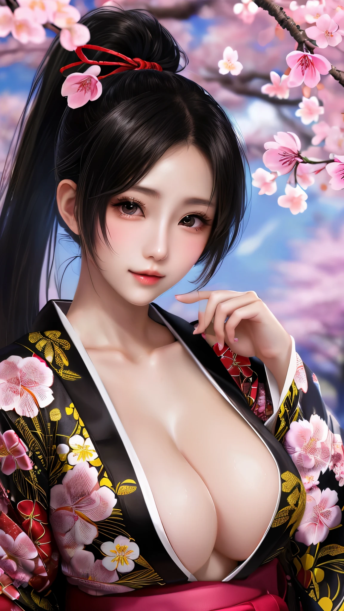 最high quality、high quality、best image quality、8K、最High resolution、High resolution、最high quality、masterpiece、realistic pictures、RAW photo、realistic atmosphere、(detailed face)、(fine hands、thumb1reference4)、(beauty of japan )、very nice face、cute face、((beautiful japanese girl))、(woman), ((18 year old beautiful girl))、(glossy black hair)、(straight long hair)、(ponytail)、whole body、slim style、(shiny skin)、(Fair skin, Glossy skin)、real human skin、realistic human body structure、perfect body, perfect face, perfect hands, perfect fingers, perfect lips, perfect eyes,perfect teeth、perfect background, perfect atmosphere,soft natural light、samurai kimono、maiko kimono、servant、geisha kimono、japanese kimono、Furisode、kimono、Yukata、japanese traditional、Samurai Residence、Japanese garden、((colorful transparent vinyl(flowery kimono、Hakama with side slits))、((Under the cherry blossom tree in full bloom(Poses that make your thighs look sexy))