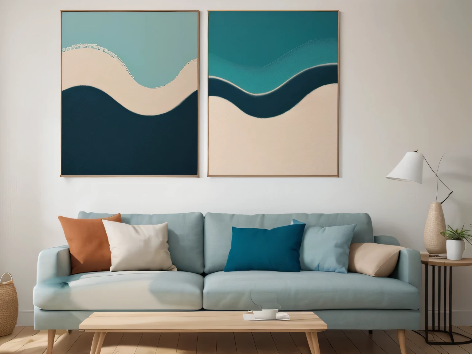 a couple of posters hanging on the wall above a couch, modern art style, illustrative and abstract, canvas art print, abstract style, earth and pastel colors, mid century art, illustration style, canvas art, earth tones and blues, abstract flat colour, abstract landscape, abstract scene design, abstract nature landscape, earthy light pastel colours, abstract minimalist line art