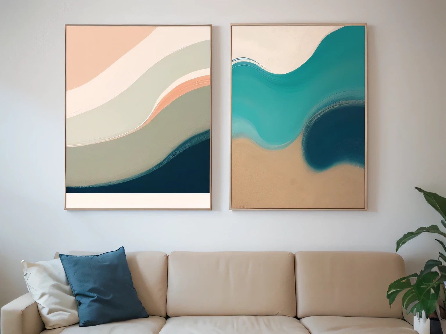 a couple of posters hanging on the wall above a couch, modern art style, illustrative and abstract, canvas art print, abstract style, earth and pastel colors, mid century art, illustration style, canvas art, earth tones and blues, abstract flat colour, abstract landscape, abstract scene design, abstract nature landscape, earthy light pastel colours, abstract minimalist line art