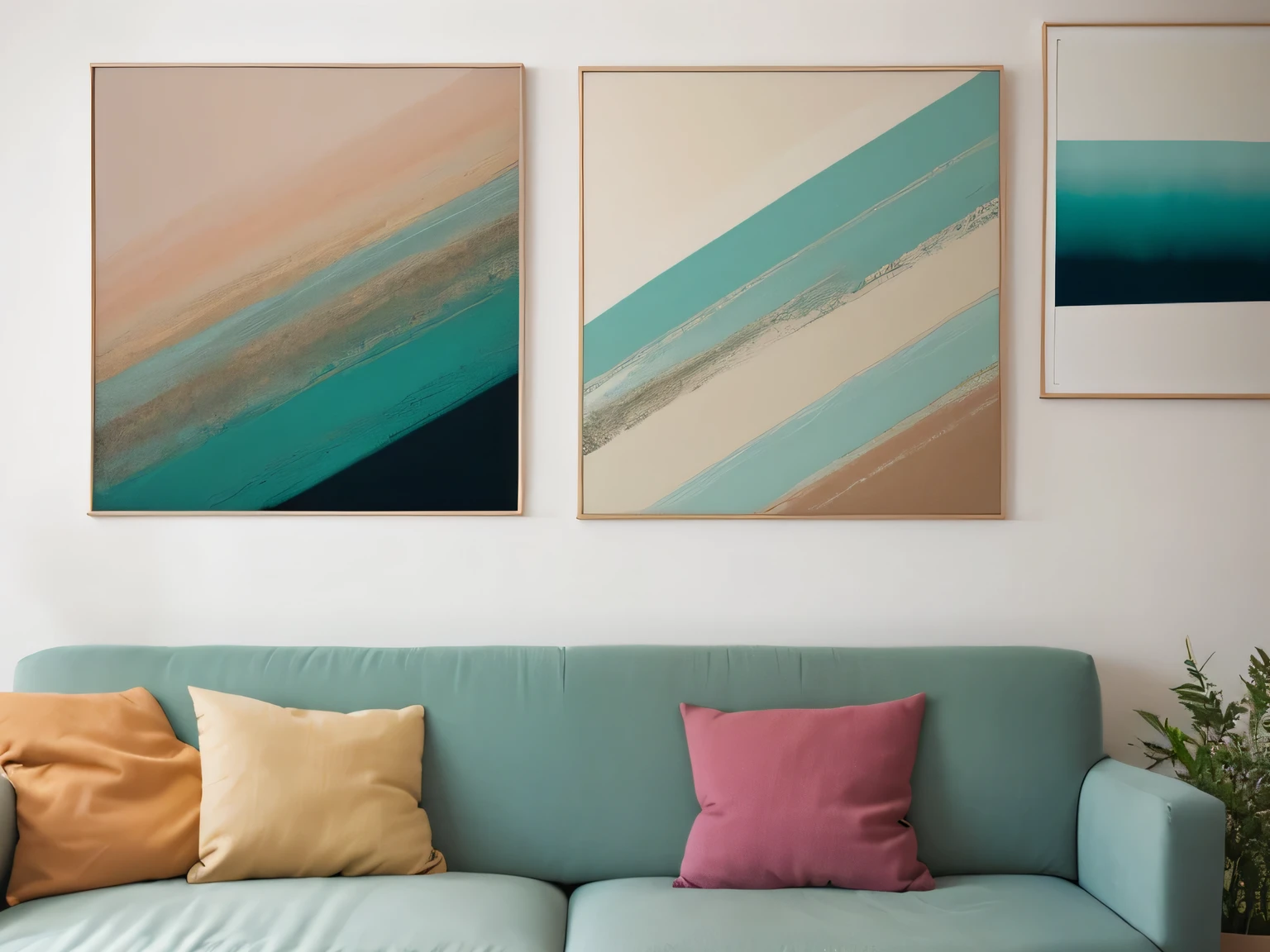 a couple of posters hanging on the wall above a couch, modern art style, illustrative and abstract, canvas art print, abstract style, earth and pastel colors, mid century art, illustration style, canvas art, earth tones and blues, abstract flat colour, abstract landscape, abstract scene design, abstract nature landscape, earthy light pastel colours, abstract minimalist line art