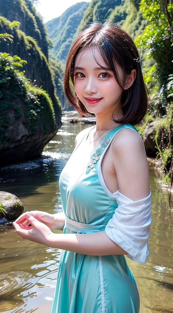 The beautiful Ping Laung city sign A very beautiful girl in a Pao dress, green mountains, little stream Smiling beautifully. white skin.verry beauty face