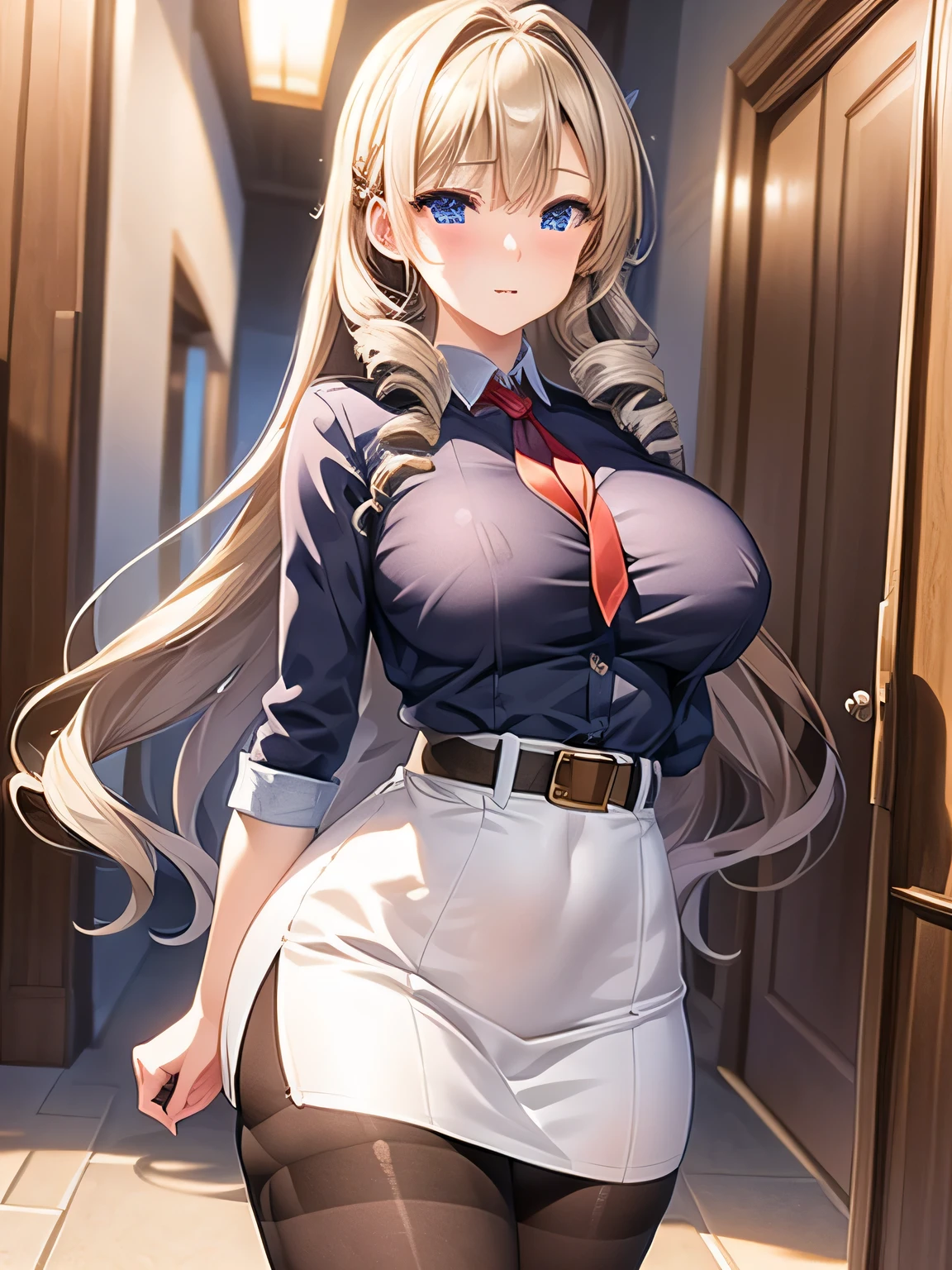 (masterpiece:1.2), highest quality, High resolution, unity 8k wallpaper, (figure:0.8), (beautiful and fine eyes:1.2), highly detailed face, perfect lighting, Very detailed CG, (perfect hands, perfect anatomy), 1 female, mature woman, big breasts, Various locations, various poses, Various facial expressions, navy Blue eyes, huge breasts, Beautiful long silver hair, soft smile, kind eyes, blush slightly, embarrassed look: 0.7, long white shirt with beautiful lace, Dark blue long skirt, Red Ribbon Tie, black stockings , outside, Date while walking, Cafe, at night ,date type G,