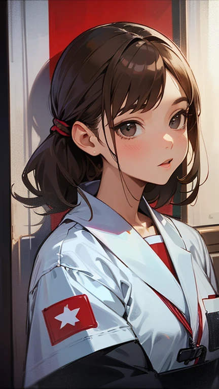 masterpiece, 最high quality, high quality, urtra detailed, Female 1、30 years old、alone, female focus,　looking at the camera、Brown hair tied back elegantly、nurse、Cleanliness