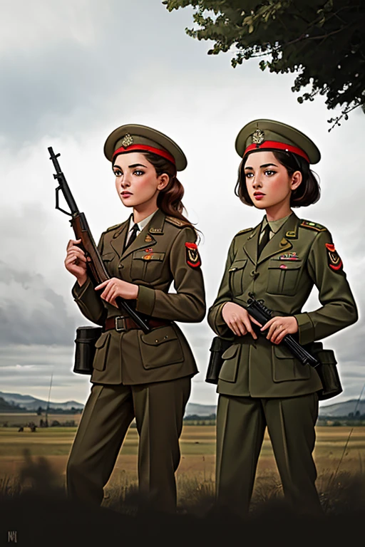 girls in second world war military uniform, holding weapons, on the battlefield
