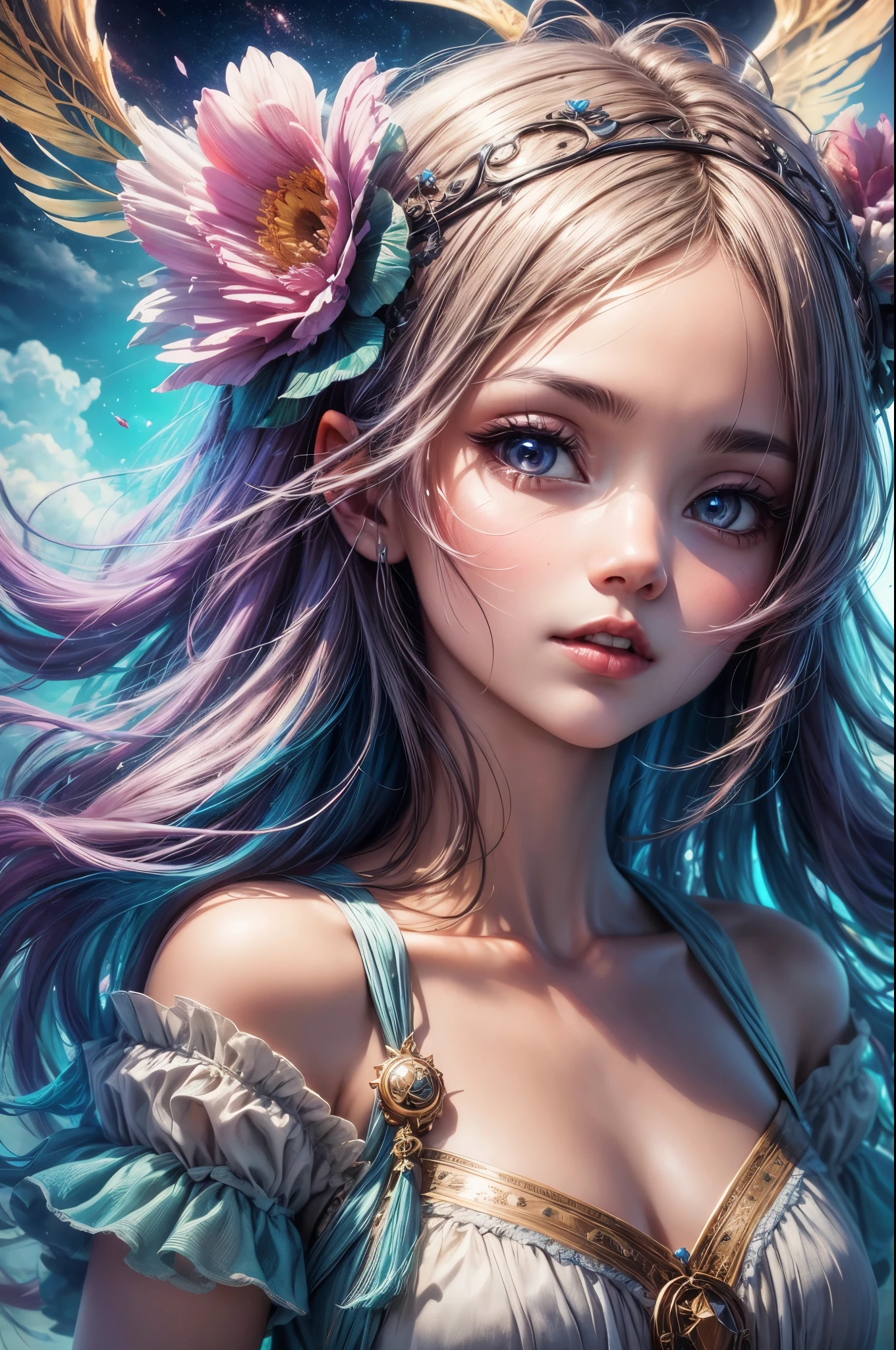 "((Fantasy art)) featuring an alien girl immersed in a celestial symphony, clouds transforming into vibrant splashes, flowers scattered like notes in the wind, a visual orchestration of color and wonder"