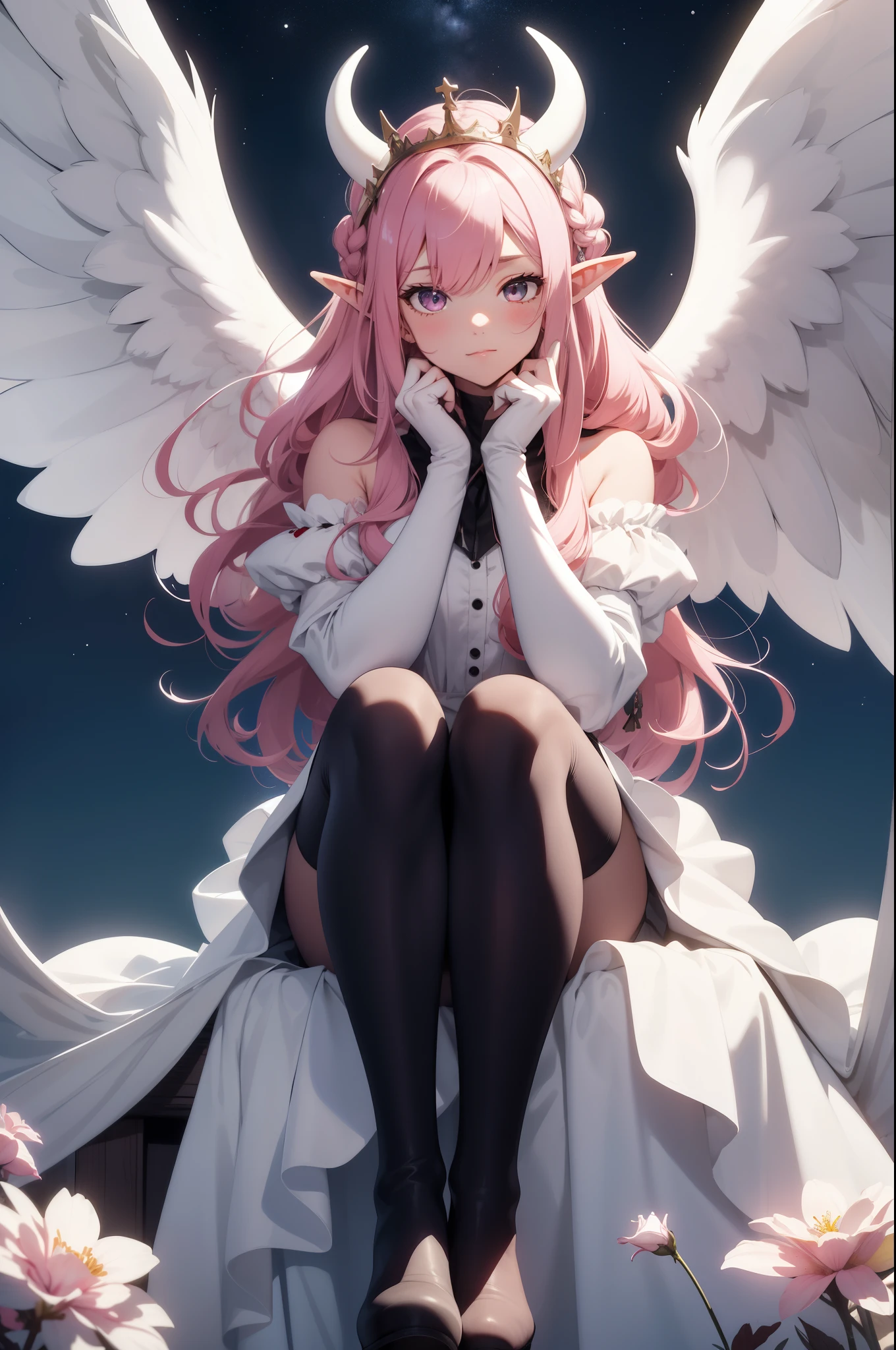 giant girl 50,000 feet high，Weight 1000kg，Has a pair of long legs，Open your eyes wide，Has three pairs of huge white angel wings，With huge devil horns on his head，crown on head，Elf wearing white earrings，She has long pink hair that reaches her feet，loose hair，Pink wavy long curly hair，Wearing a pair of black boots，White sleeves，Wearing a white JK dress，Skirt with bow and star decorations，sitting on a tall building，Beautiful appearance，Exquisite makeup，quality，8k，高quality，Perfect proportion, Cinema lighting，film grain，Fuji colors，8k，textured skin，Super details，high detail，high resolution，charming，blood stains，脚底有blood stains，whole body，Obese，elf princess，feather，flowers