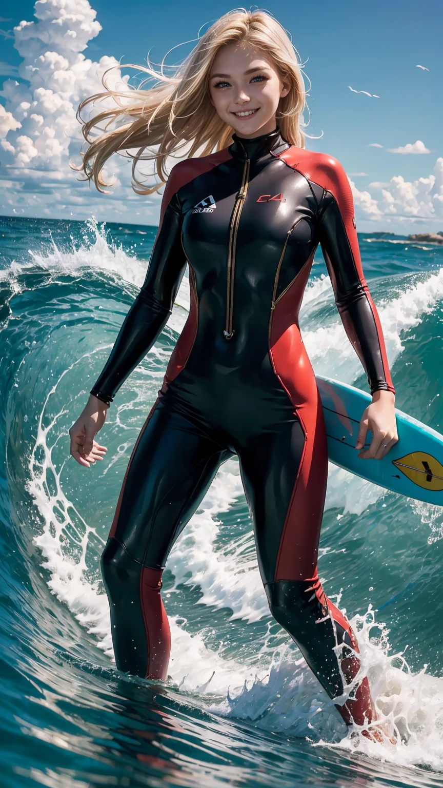 Hot tennage girl wearing black dark red and white wetsuit she has blond hair and freckles her brest is bigger she is havin scuba gear with air tank she is surfing on red surfer desk