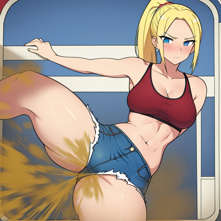 Blonde hair, ponytail, fit body, red tank top, blue denim shorts, leg lift, pretty face, blue eyes