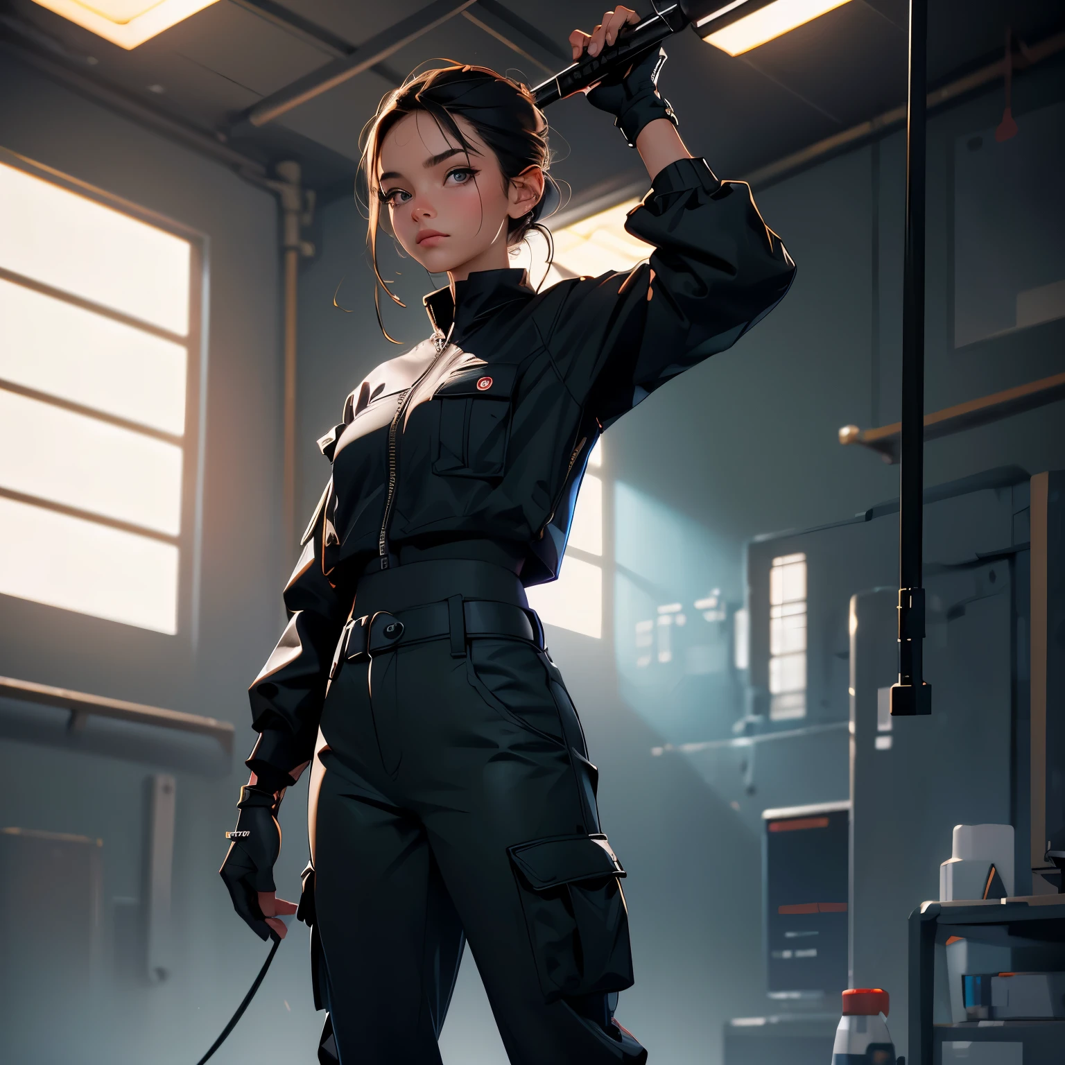 ((best quality)), ((masterpiece)), (detailed), (perfect face) , A fierce (female agent )1.2 in a standing position, wearing (black cargo pants)1.4, (black shirt)1.2, (obscured face)1.3, analog style nofilter selfie, posing in an (indoor training area)1.2, (backlit)1.2, (film grain)1.2, cinematic movie still frame, black sneakers with white soles, various equipment in the background, insane detailed eyes,