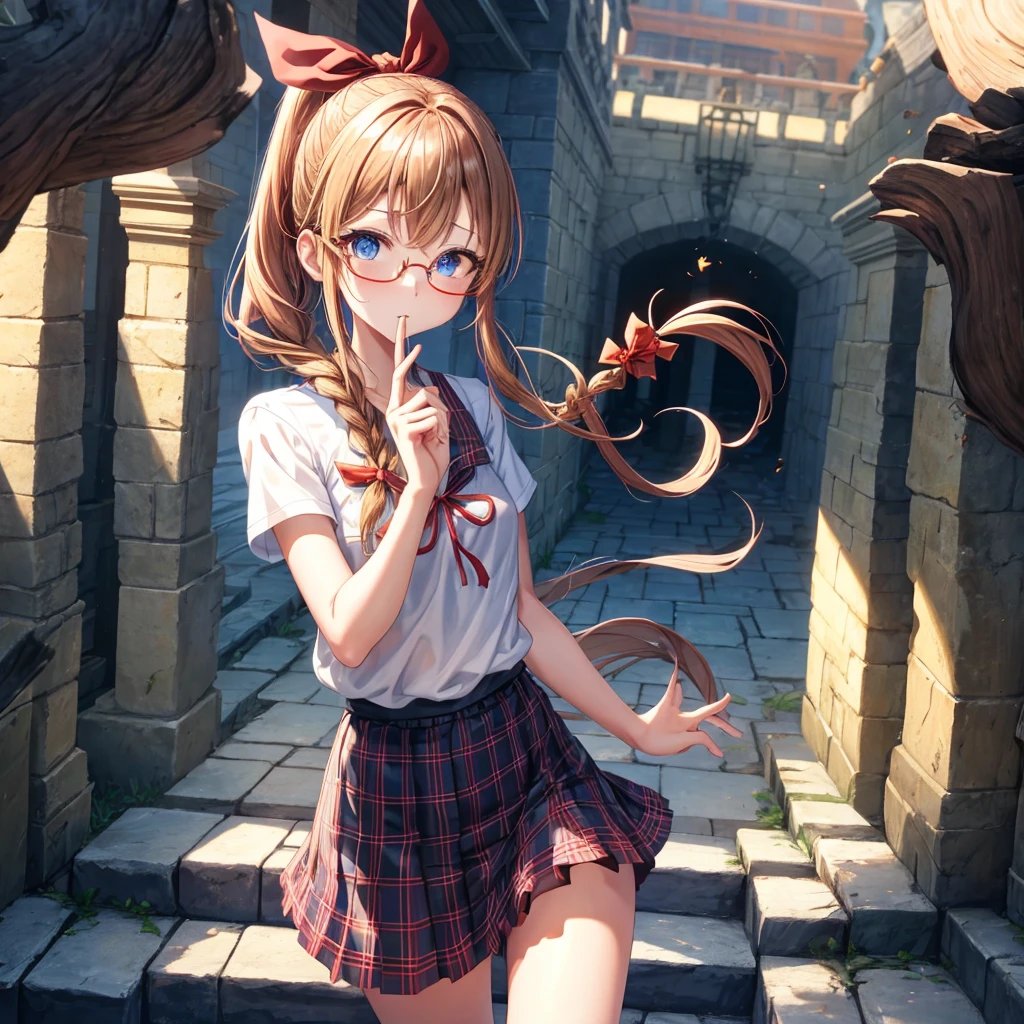 reddish-brown blonde、blue hair、blue eyes、ponytail、Braid、one good looking girl、solo、anime、Plaid miniskirt、camisole、black t-shirt、Tilting your face、Doing the ribbon、Ribbon at waist、sunset sky、stone stairs、tunnel、Fallen leaves、wearing glasses、Light and shadow、maze、monster castle、lanthanum、corridor、One leg is raised、pinwheel、castle floating in the air、7 cylinders、Jewelry box、flag、holding one's fingers in one's mouth