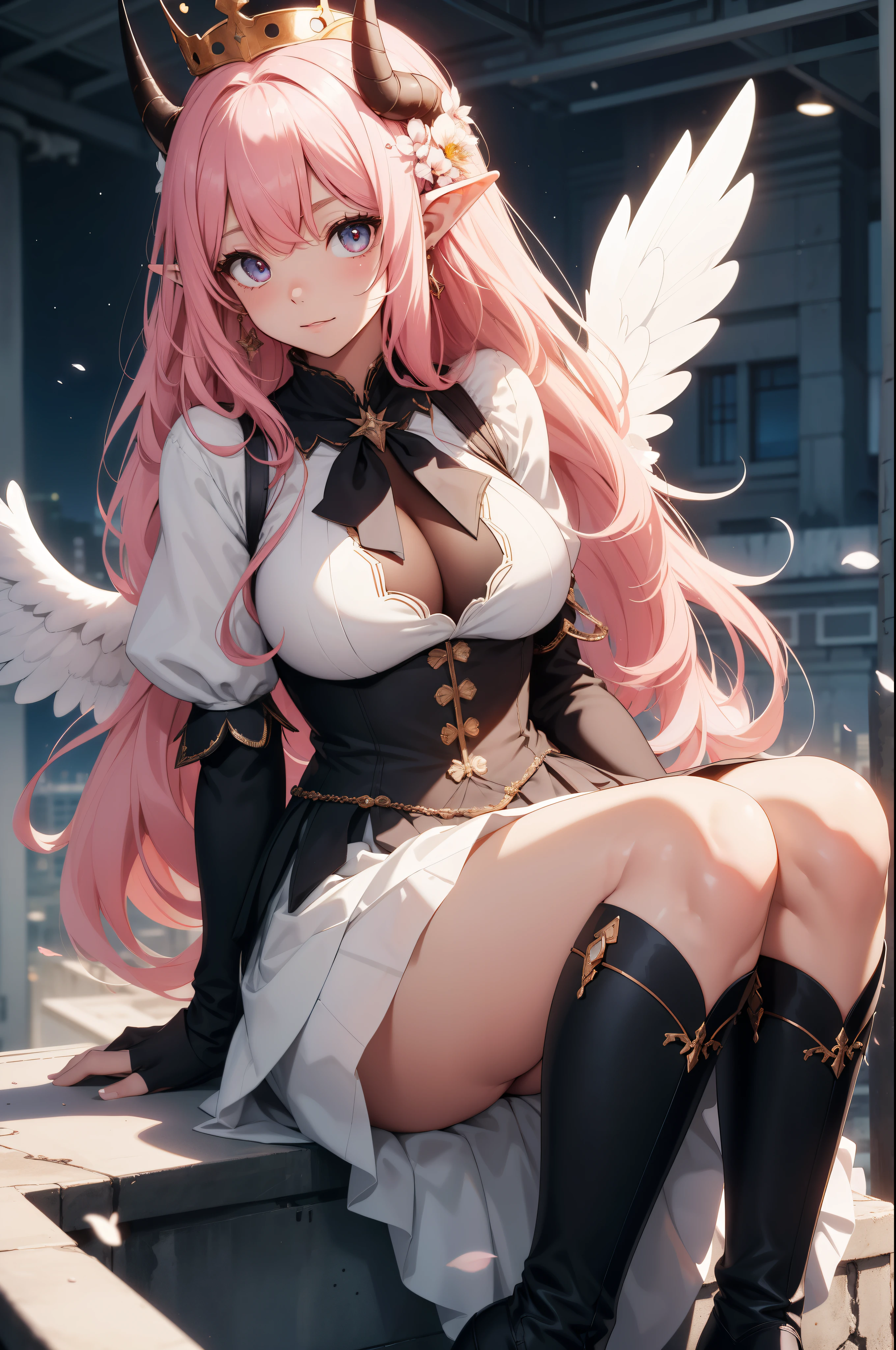 giant girl 50,000 feet high,Weight 1000kg,Have a pair of long legs,Keep your eyes open,Has three pairs of huge white angel wings,With huge devil horns on his head,wear a crown on your head,Elf wearing white earrings,She has long pink hair that reaches her feet,loose hair,Pink wavy long curly hair,Wearing a pair of black boots on her feet,white sleeves,Wearing a white JK dress,Bow and star embellished skirt,Sit on a tall building,Beautiful appearance,Exquisite makeup,quality,8k,高quality,Perfect proportion, Cinema lighting,film grain,Fuji colors,8k,textured skin,Super details,high detail,high resolution,charming,blood stains,脚底有blood stains,whole body,fat,elf princess,feather,flowers