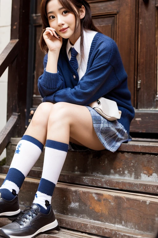 13 years old tiny girl with skinny body and flat breasts wearing white short dress stockings and sneaker sitting in a coffee shop