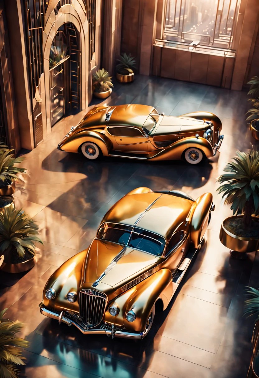 an AI-designed Art Deco-inspired car display. Infuse sleek lines, geometric patterns, and luxurious elements. Incorporate a vintage color palette and sophisticated detailing for a timeless and glamorous automotive aesthetic. detailed matte painting, deep color, fantastical, intricate detail, splash screen, complementary colors, fantasy concept art, 8k resolution trending on Artstation Unreal Engine 5