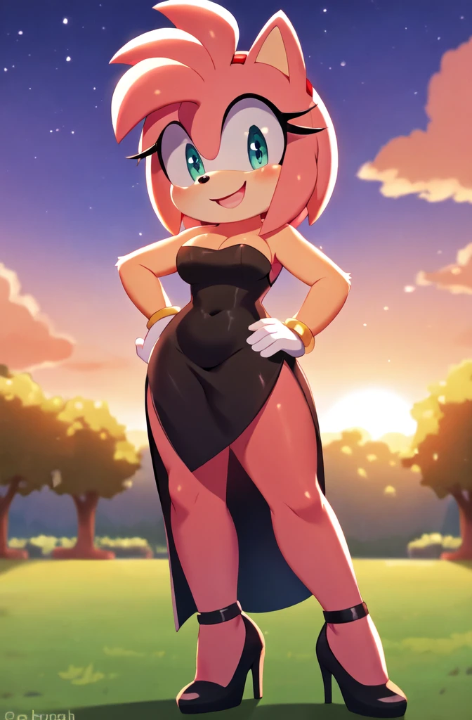 full body, Amy rose, seductive, bare shoulder, little black dress, strapless dress, short bodycon dress, skin-tight dress, black high heels, sundown, park background smile, hand on hip, 2D illustration