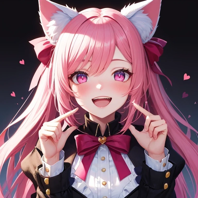 (best quality,highres,masterpiece:1.2),ultra-detailed, 1 girl, harmonious finger proportions, production art, absurdly long hair, pink hair, white hair, hair bow:1.2, light blush, pink eyes, heart in eye, glowing eyes, cat_ears, open mouth, happy, teeth,only_face:1.4, facing viewer